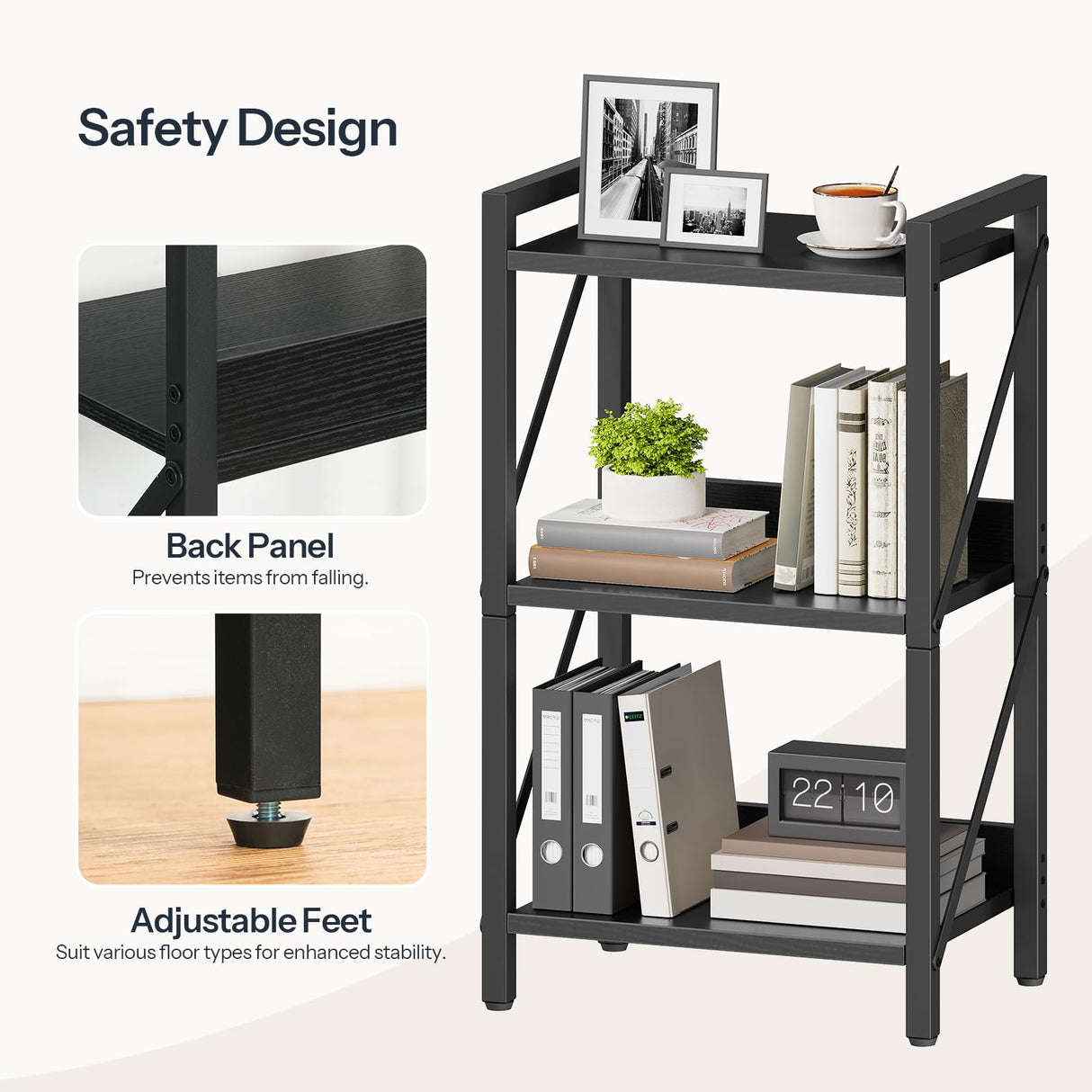 HOOBRO Bookshelf, 3-Tier Industrial Bookcase, Book Shelf Storage Organizer, Small Bookshelf with Metal Frame for Living Room, Bedroom, Home Office, Kitchen, Black BB71SJ01 HOOBRO