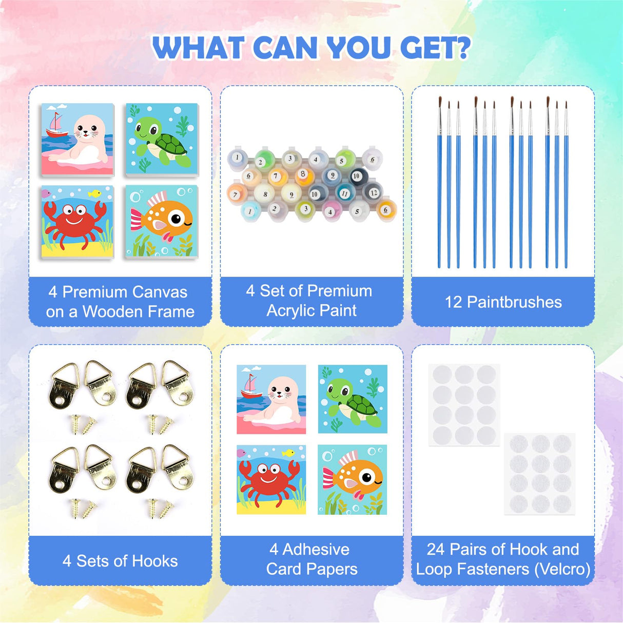 QENSPE Framed 4 Pack Paint by Numbers Kit for Kids,Cute Sea Animals Kids Paint by Number Ages 8-12,Crab and Fish DIY Acrylic Oil Painting Arts on Canvas for Children Beginner,Home Wall Decor (8x8inch) QENSPE