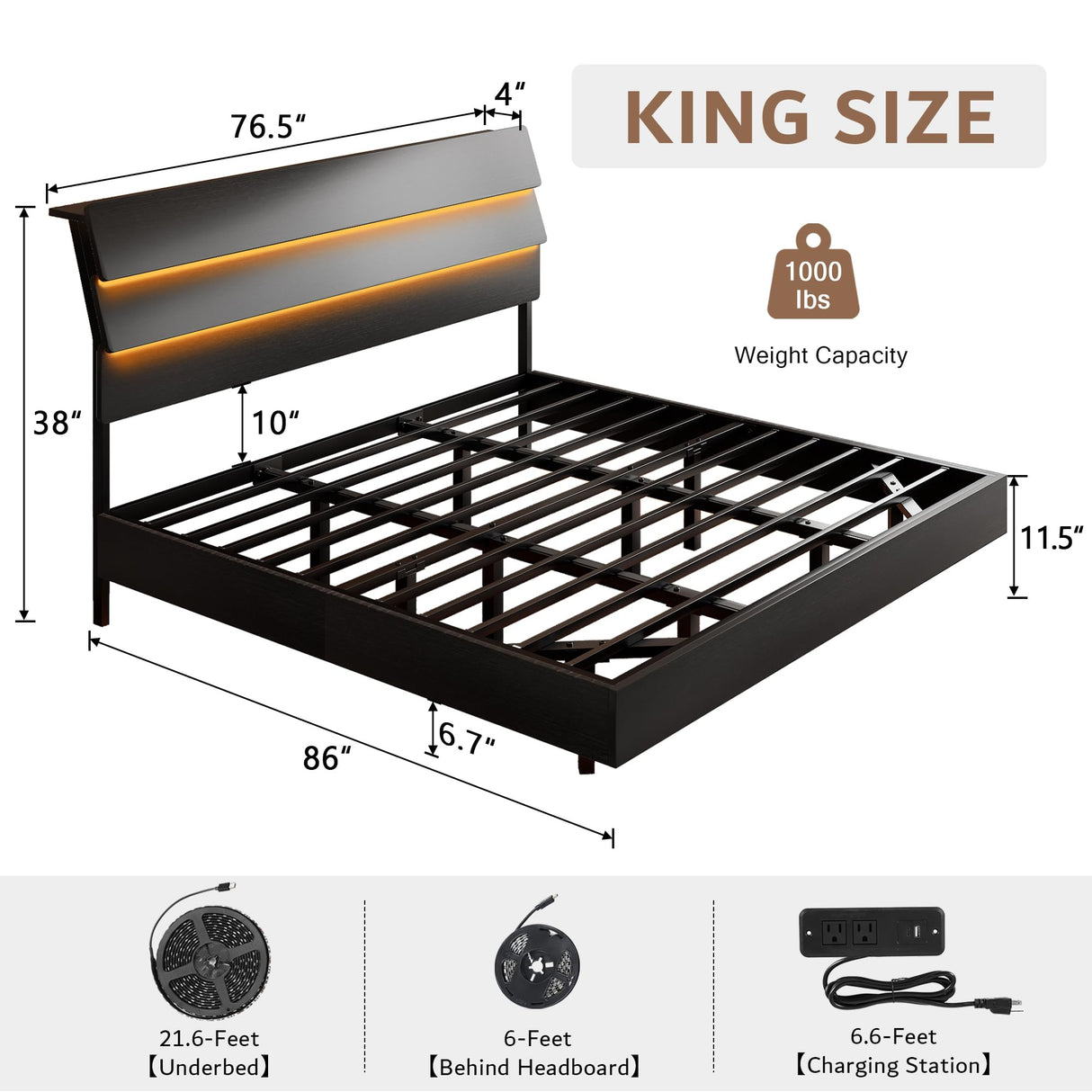 iPormis King Size Floating Bed Frame with LED Lights & Charging Station, Platform Bed with Wooden Storage Headboard, Steel Slats Support, No Box Spring Needed, Easy Assembly, Noise-Free, Black iPormis