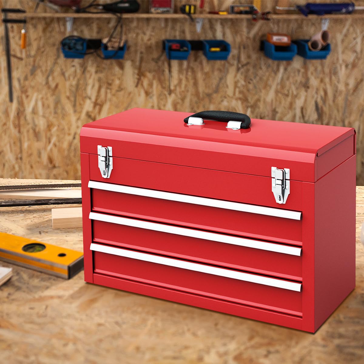 IRONMAX Portable Tool Box, 20.5’’ Lockable Steel Tool Chest Cabinet w/Comfortable Handle & 3 Drawers, Heavy Duty Storage Toolbox Tool Organizer for Garage, Warehouse, Home, Red IRONMAX