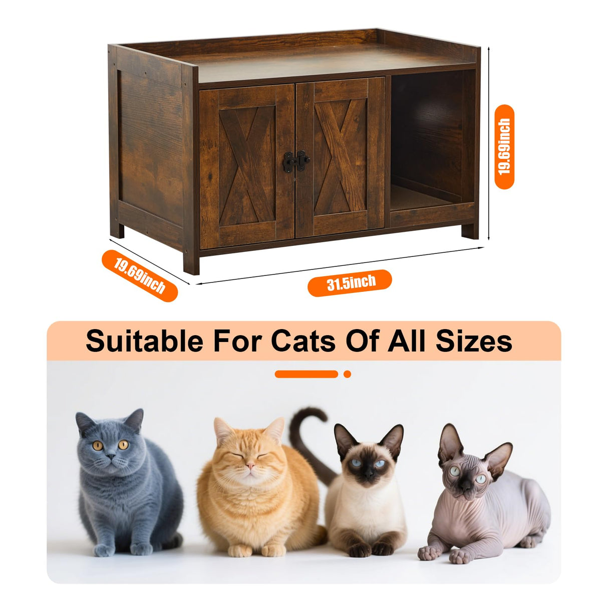 CHARMELEON Cat Litter Box Enclosure,Hidden Litter Box Furniture Cabinet with Scratch Pad & Sensor Light,Wooden Pet House Side End Table for Living Room,Bedroom,31.5" Lx19.69 Wx19.69 H(Rustic Brown) CHARMELEON