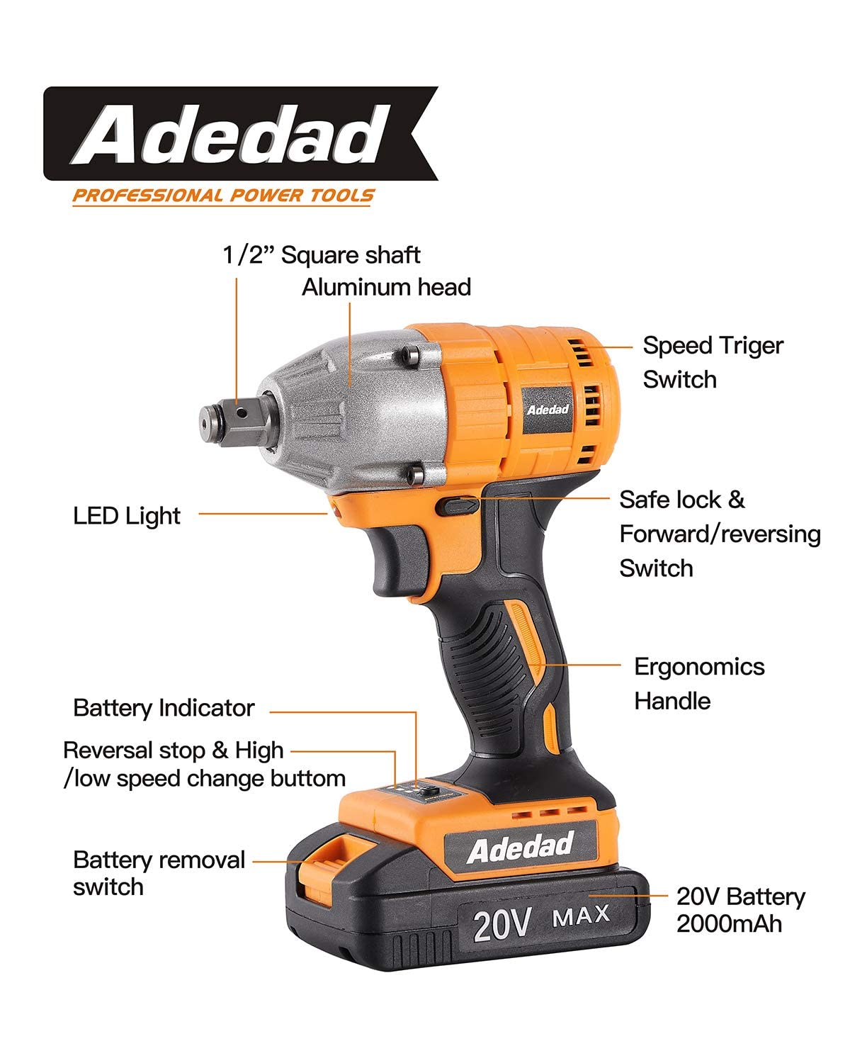 Adedad Brushelss Power Impact Wrench Set 1/2 inch 3000RPM Cordless Impact Gun with Battery and Fast Charger Lightweight 20V Impact Driver for Car,Home,DIY Adedad