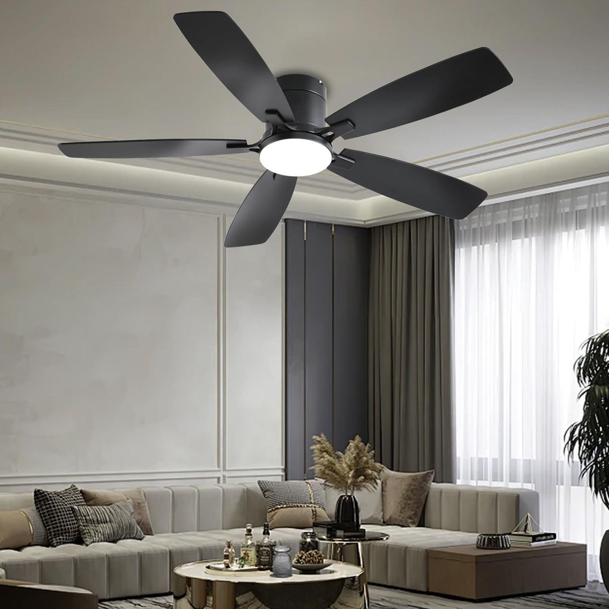 Ayaoty Ceiling Fans with Lights, 52 inch Low Profile Ceiling Fan with Light and Remote Control, Flush Mount, Reversible Motor, Dimmable, Noiseless, Black Ceiling Fan for Bedroom, Indoor/Outdoor Use Ayaoty