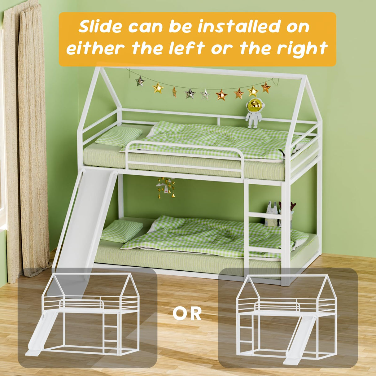 Varmsteda Bunk Bed Twin Over Twin for Kids with Slide and Ladder, Metal Floor Bunk Bed Frame with Full-Length Guardrail, Space-Saving Bunk Beds, White Varmsteda