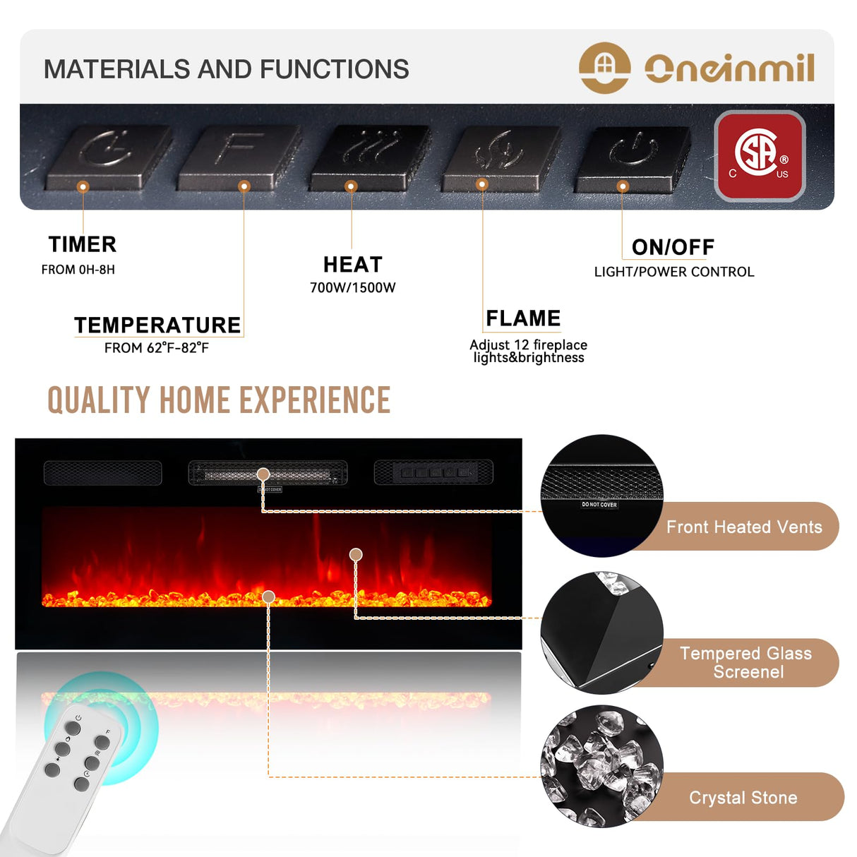 oneinmil Fireplace TV Stand with 36" Electric Fireplace,LED Light Entertainment Center,2 Tier TV Console Stand for TVs Up to 80",Fireplace for The Living Room TV Stand,White oneinmil