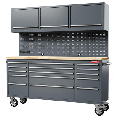 HAUTMEC 72" Rolling Tool Chest, Mobile Garage Workbench, Heavy-Duty Tool Cabinet on Wheels with 15 Drawers, 3 Upper Cabinets, Pegboard & 51 Hooks, Oak Work Surface & Power Strip – HT0428