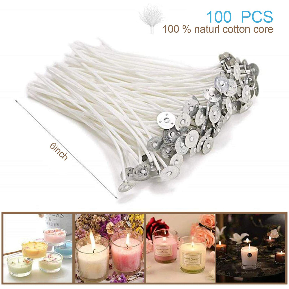 DINGPAI 100pcs Cotton Candle Wicks, 6 inches Low Smoke Pre-Waxed Wicks for Candle Making, DIY DINGPAI