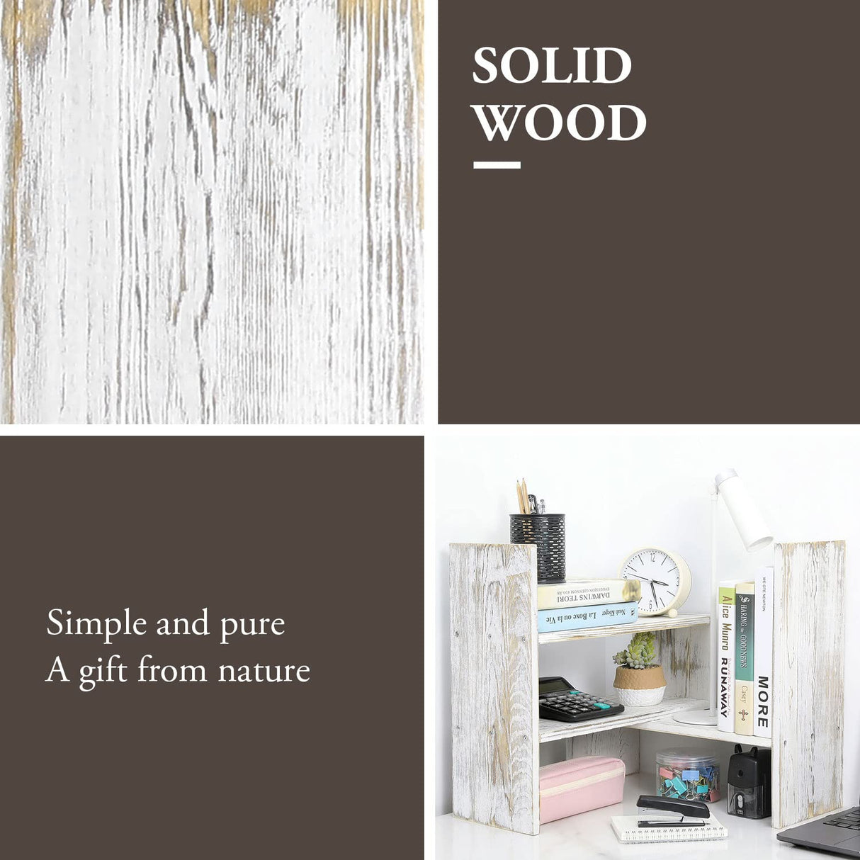 MyGift Adjustable Whitewashed Solid Wood Desktop Storage Organizer Display Shelf Book Rack, Office Desk Bookshelf MyGift