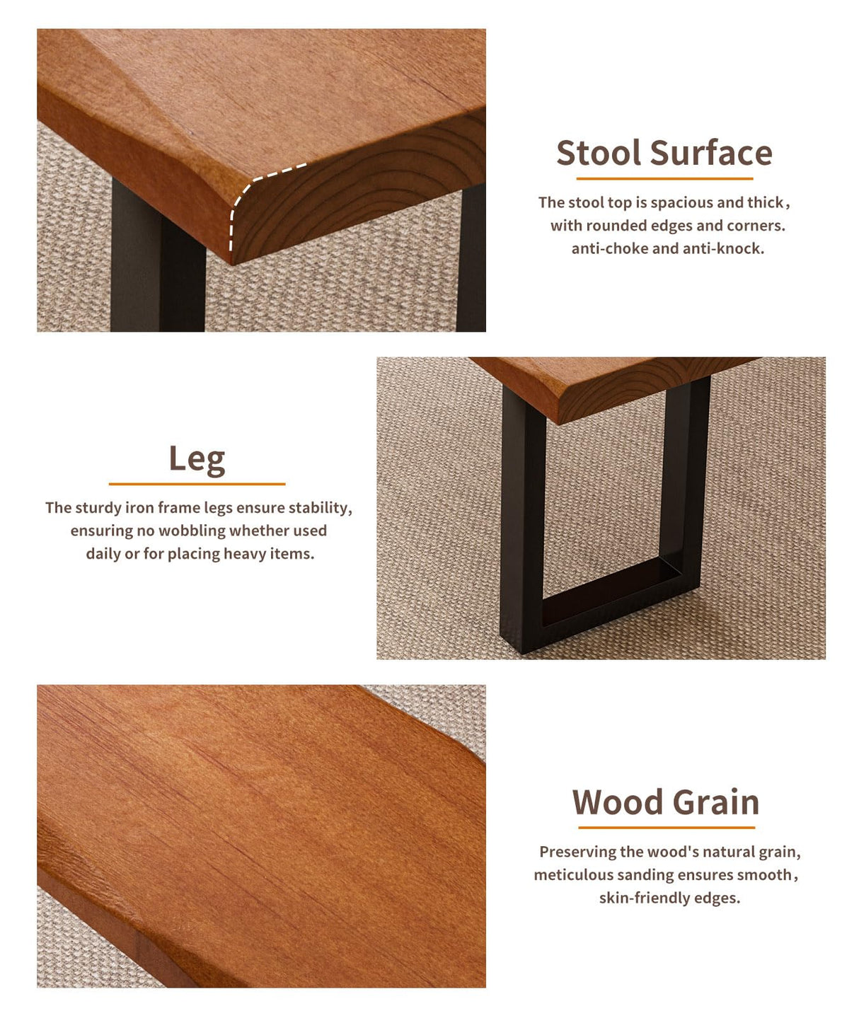 FKCSV Modern Rustic Solid Wood Bench with Black Metal Legs, Industrial Farmhouse Style, Natural Wood Finish FKCSV