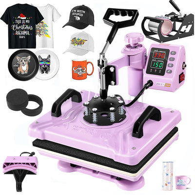 AKEYDIY 5 in 1 Heat Press Machine for t Shirts Professional Swing Away Heat Press Digital Combo 12" x 15" 360-degree Rotation Shirt Press Machine Sublimation (5 in 1 Heat Press Pink)