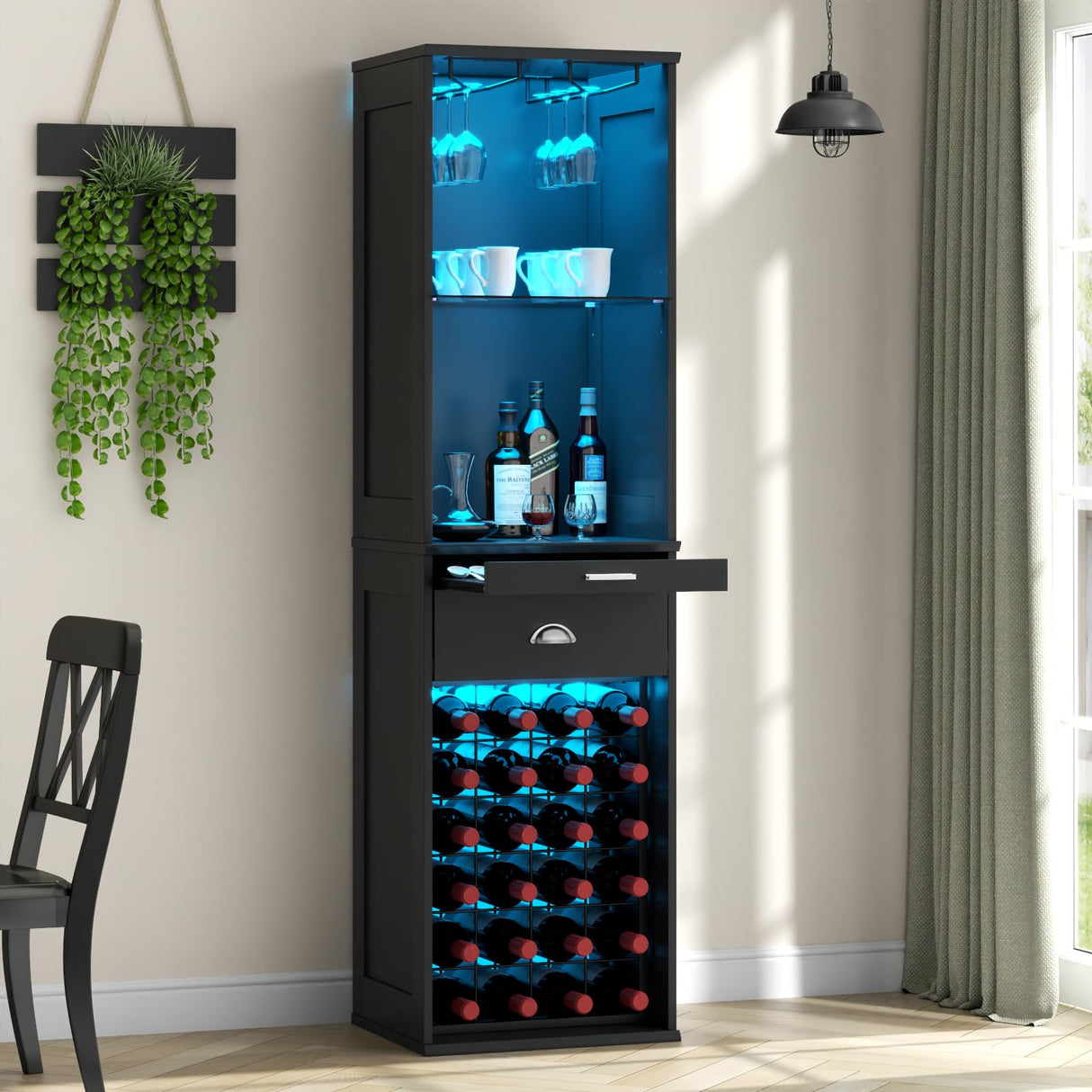 Loomie Wine Bar Cabinet with LED Lights, 65'' Tall Coffee Bar with 24 Wine Rack & Glass Holder, Freestanding Liquor Cabinet with Tray & Drawer & Adjustable Shelf (Black) Loomie