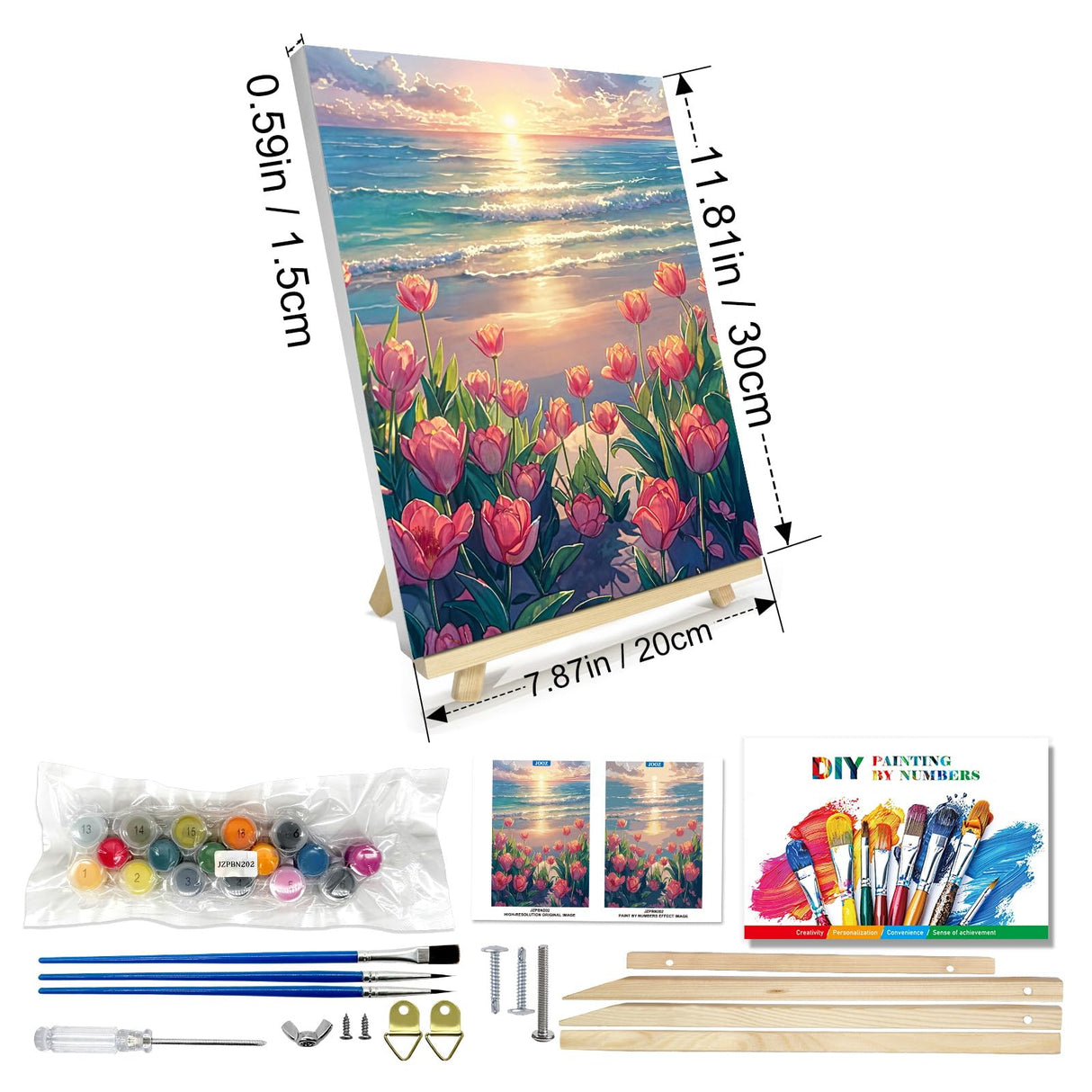 JOOZ Paint by Numbers Kit for Adults with Frame, Flowers Paint by Numbers for Adults, Seaside Sunset Paint by Number with Easel, DIY Tulip Oil Painting Kit for Home Wall Decor 8 x 12 Inch JOOZ