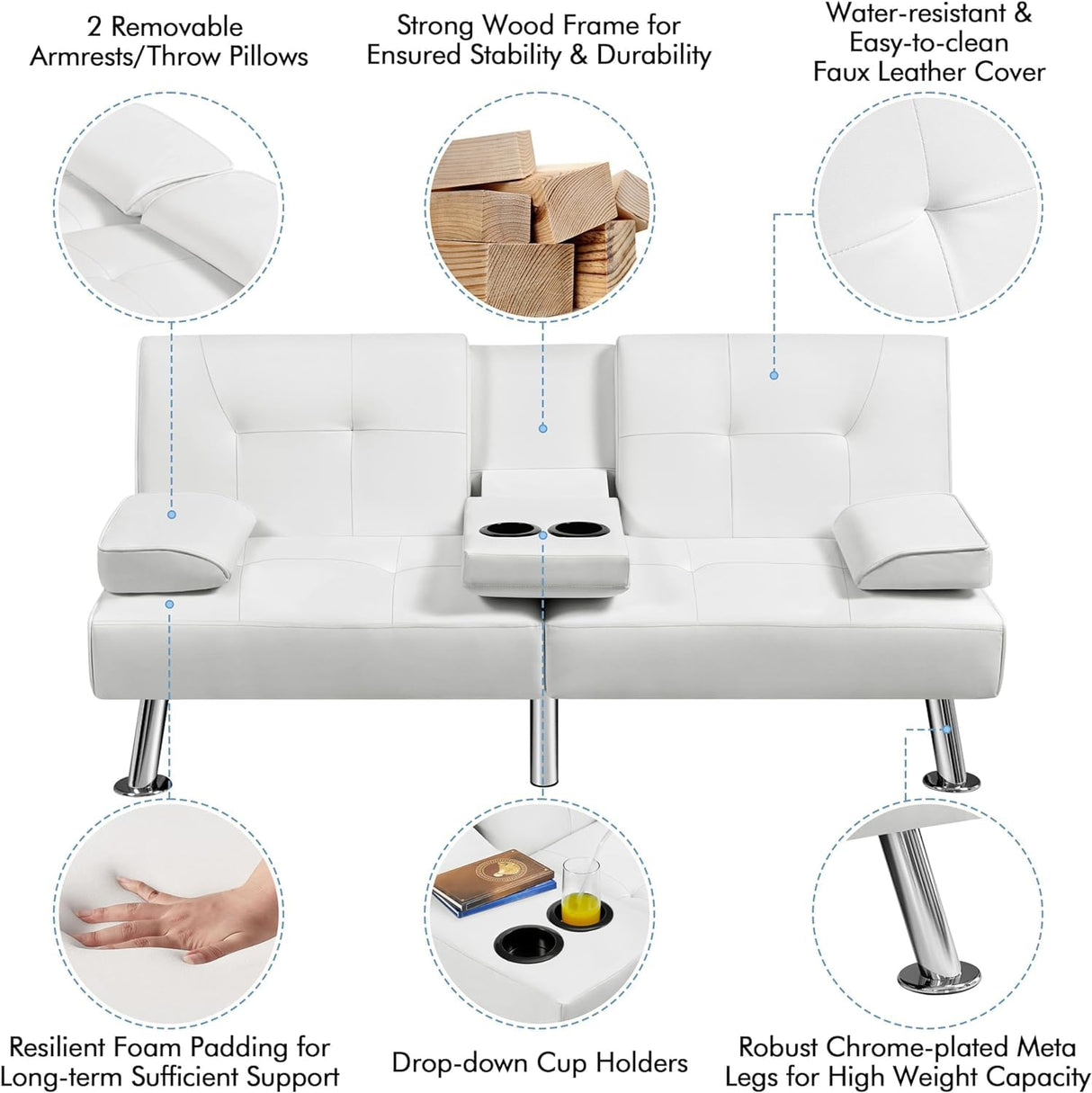 Convertible Folding Futon Sofa Bed with Metal Legs & 2 Cupholders, Modern Fabric Linen Upholstered Couch Loveseat Sleeper, Folding Couches Bed, Removable Armrests for for Small Spaces (White) AnwickNomo