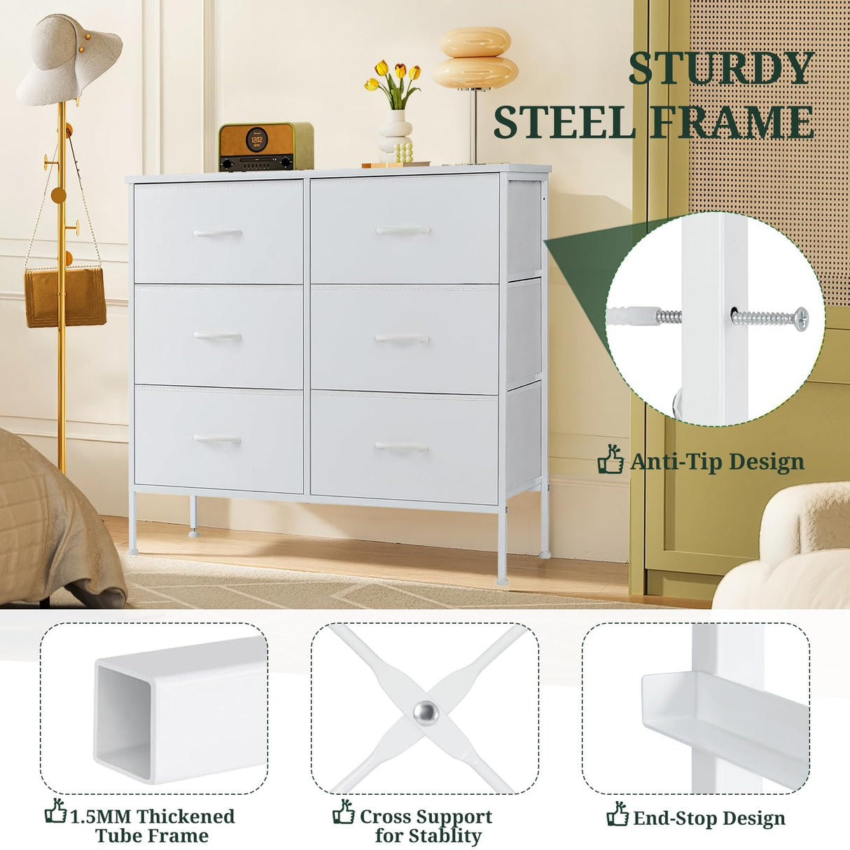 6-Drawer Dresser for Bedroom, Anti-Tip Wide Storage Organizer Chest of Drawers with Wooden Top and Metal Frame Fabric Bins for Closet, Living Room, Hallway, Entryway, White SageNest