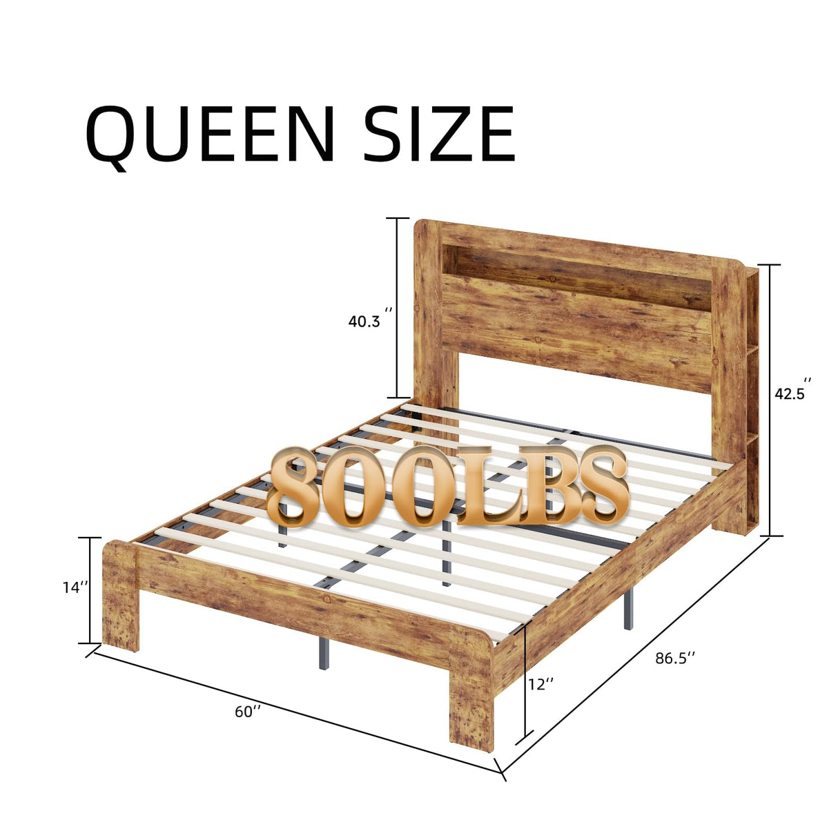 Queen Size Wooden Bed Frame with Storage Headboard & Charging Station, Farmhouse Platform Bedframe with LED Lights & Wood Slat Support, No Noise, No Box Spring Needed, Easy Assembly (Rustic Brown QNICE