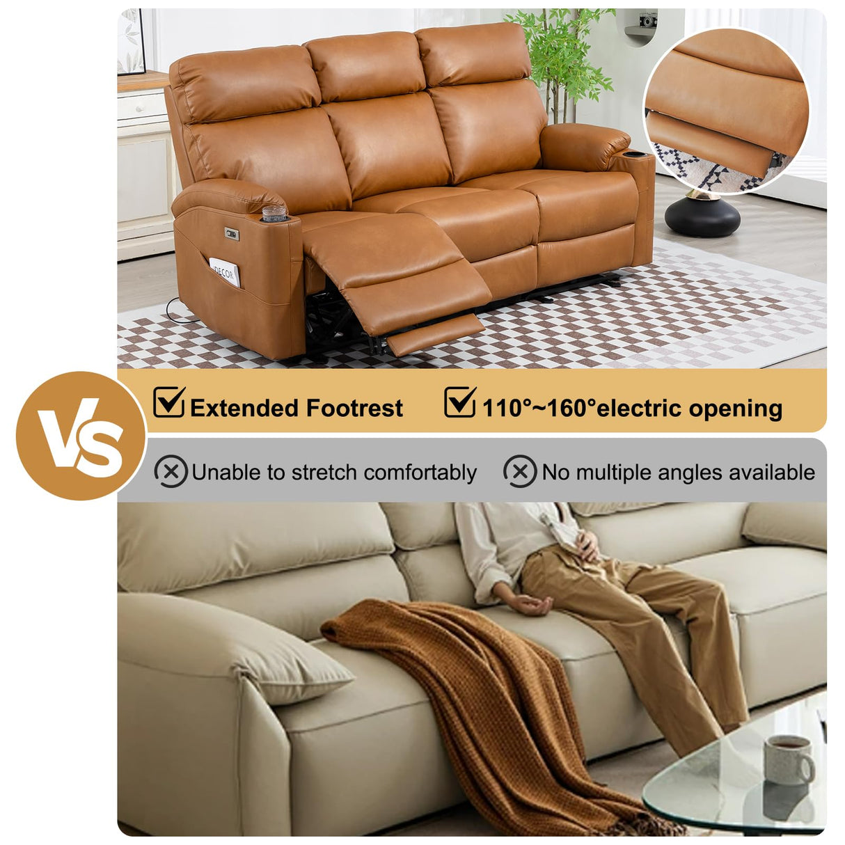 B BAIJIAWEI Power Reclining Sofa - 3 Seater Recliner Sofás, PU Leather Recliner Sofa, Home Theater Seating with Flipped Middle Backrest, Power Recliner Couch for Living Room(Brown) B BAIJIAWEI