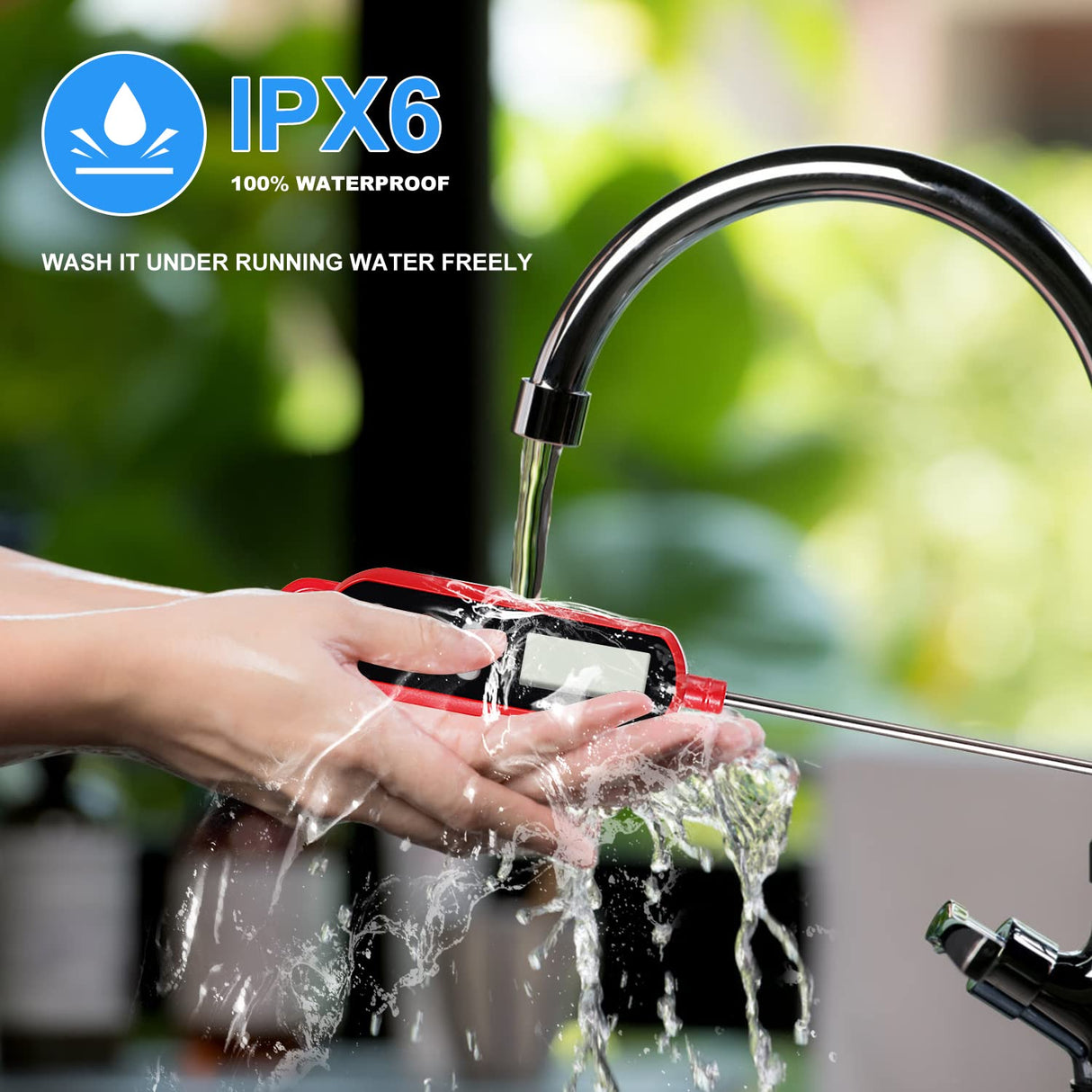 Lonicera Digital Cooking Thermometer for Bread Baking, Food and Water Temperature Measurement. Waterproof and Long Stem with Meat Temp Guide, Display with Backlit (Red) LONICERA