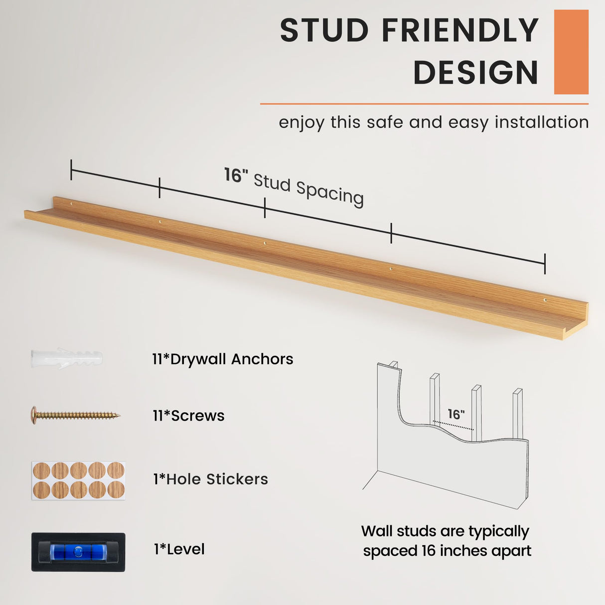 FLYJOE Natural Oak Picture Ledge Shelves Set of 2 - 72 Inch Wall Mounted Display for Books, Photos, and Toys FLYJOE