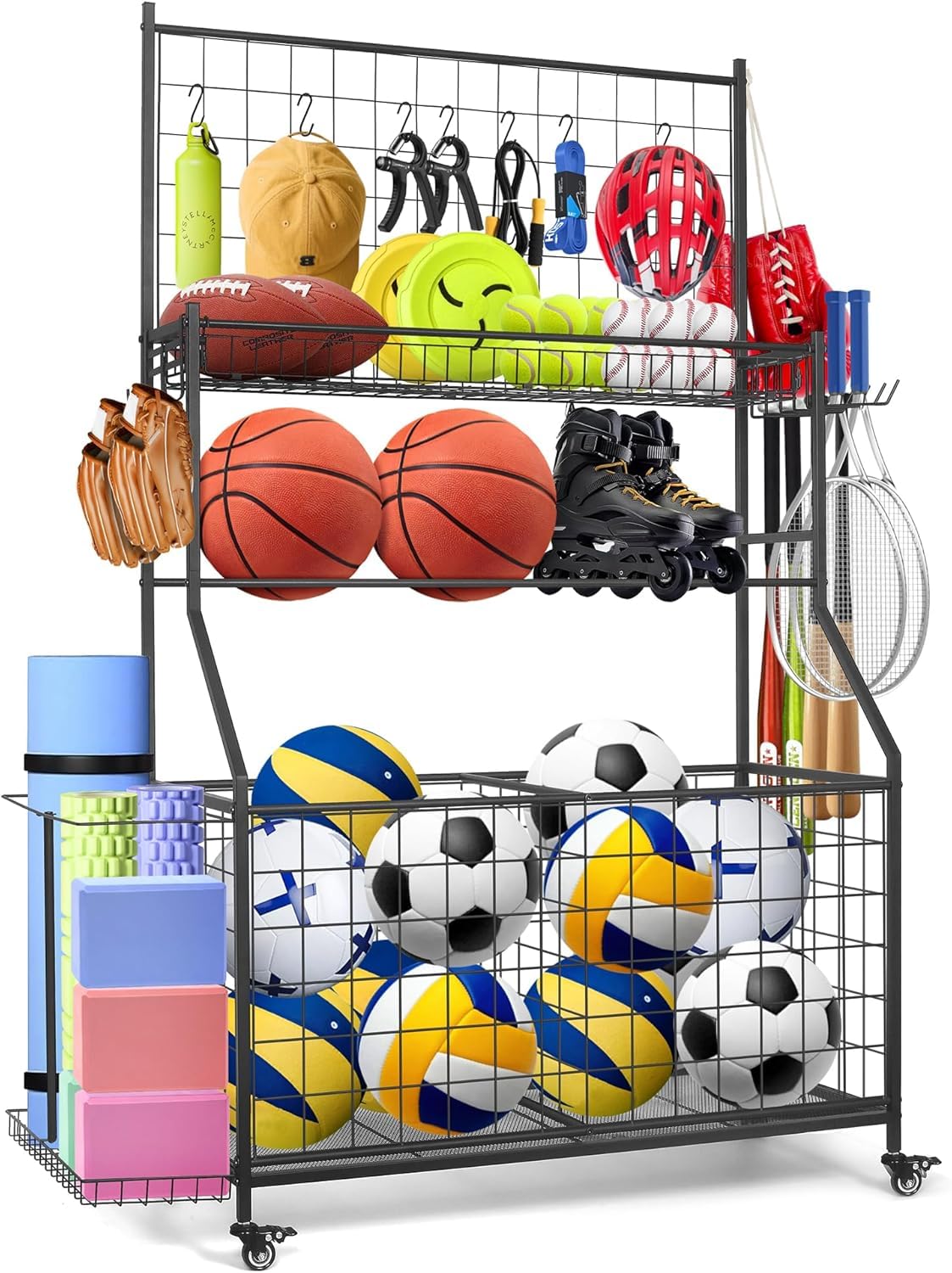 MUONM Sports Equipment Organizer,Garage Ball Storage Rack with Basketball Rack,Golf Bag Organizer Toy Sports Gear Storage with Hooks and Rolling Wheels Cart,Black MUONM