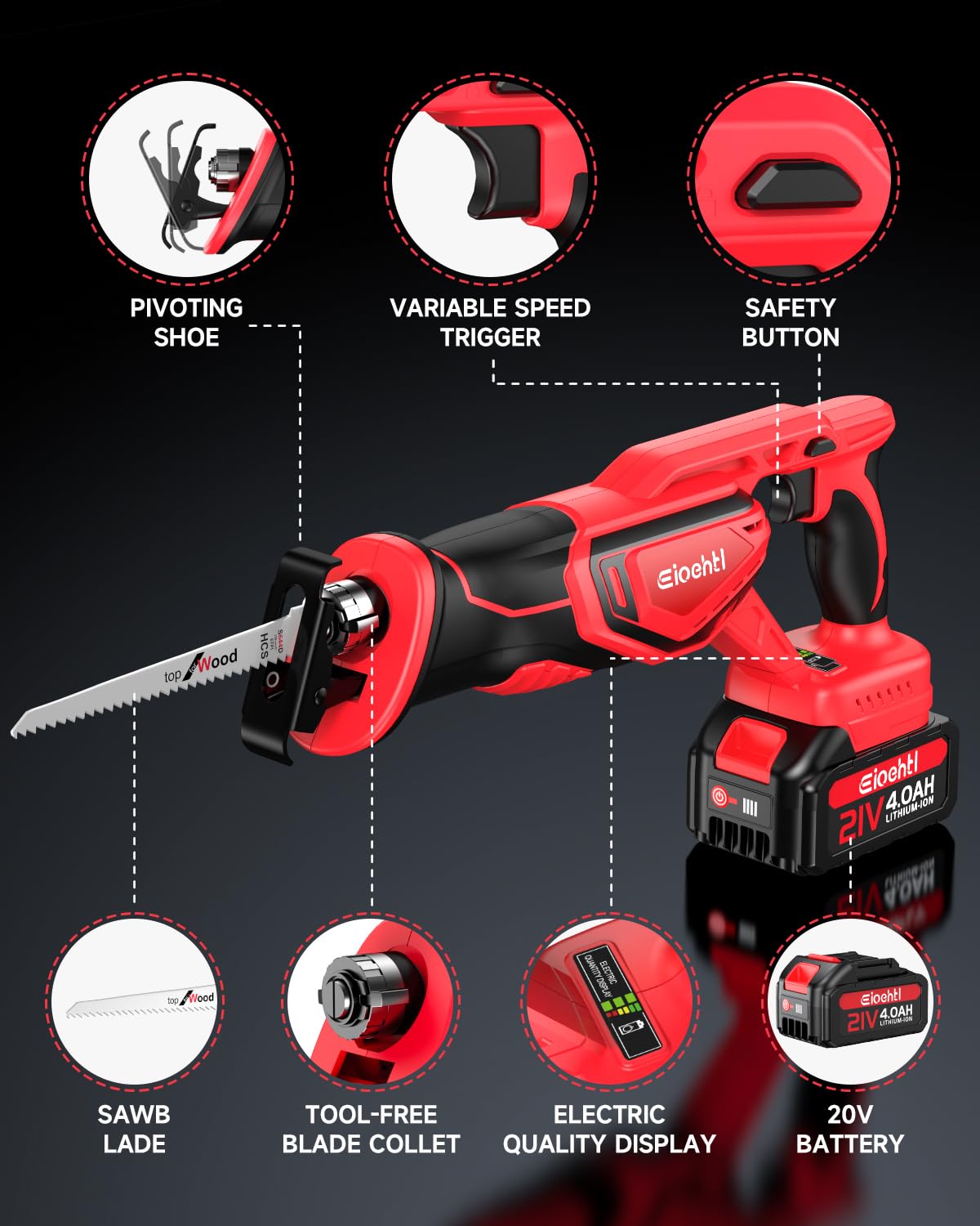 Reciprocating saw, Enhanced 3500 SPM Low Noise Brushless Motor, High-Performance 2*21V 4.0 Ah Batteries Extended Standby, 8 pcs Versatile Alloy Steel Blade Set Easily Cut Through Wood, Metal, ABS etc. Eioehtl