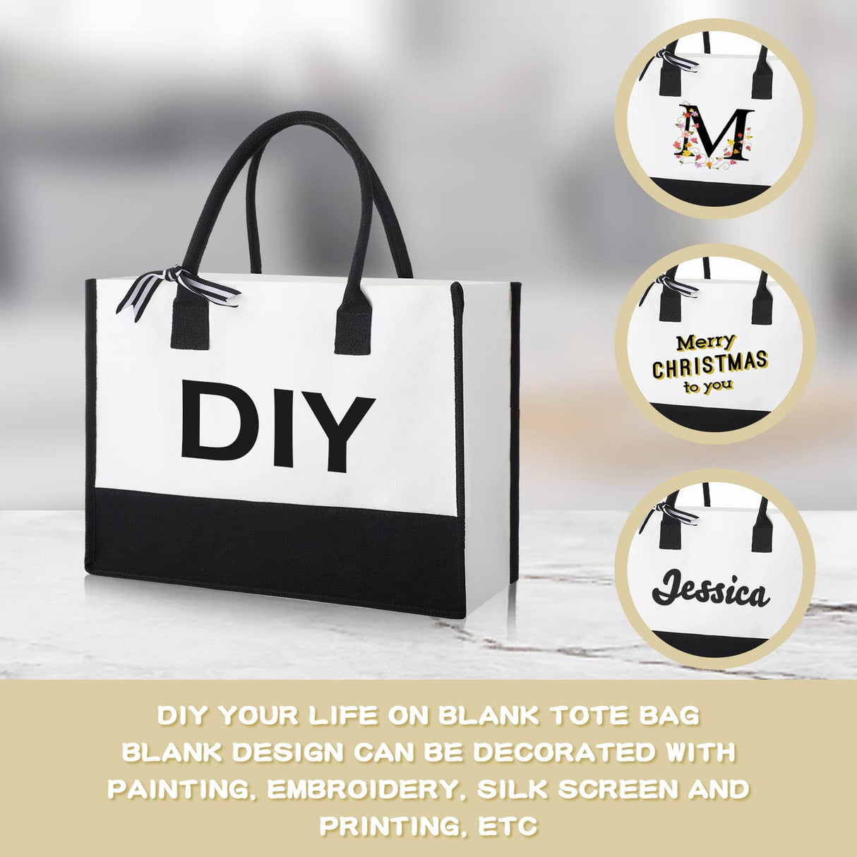 Reginary 12 Pack Canvas Tote Bags Initial Classic Present Bag Personalized Canvas Beach Bag for Wedding, Birthday, Beach(Black and White) Reginary