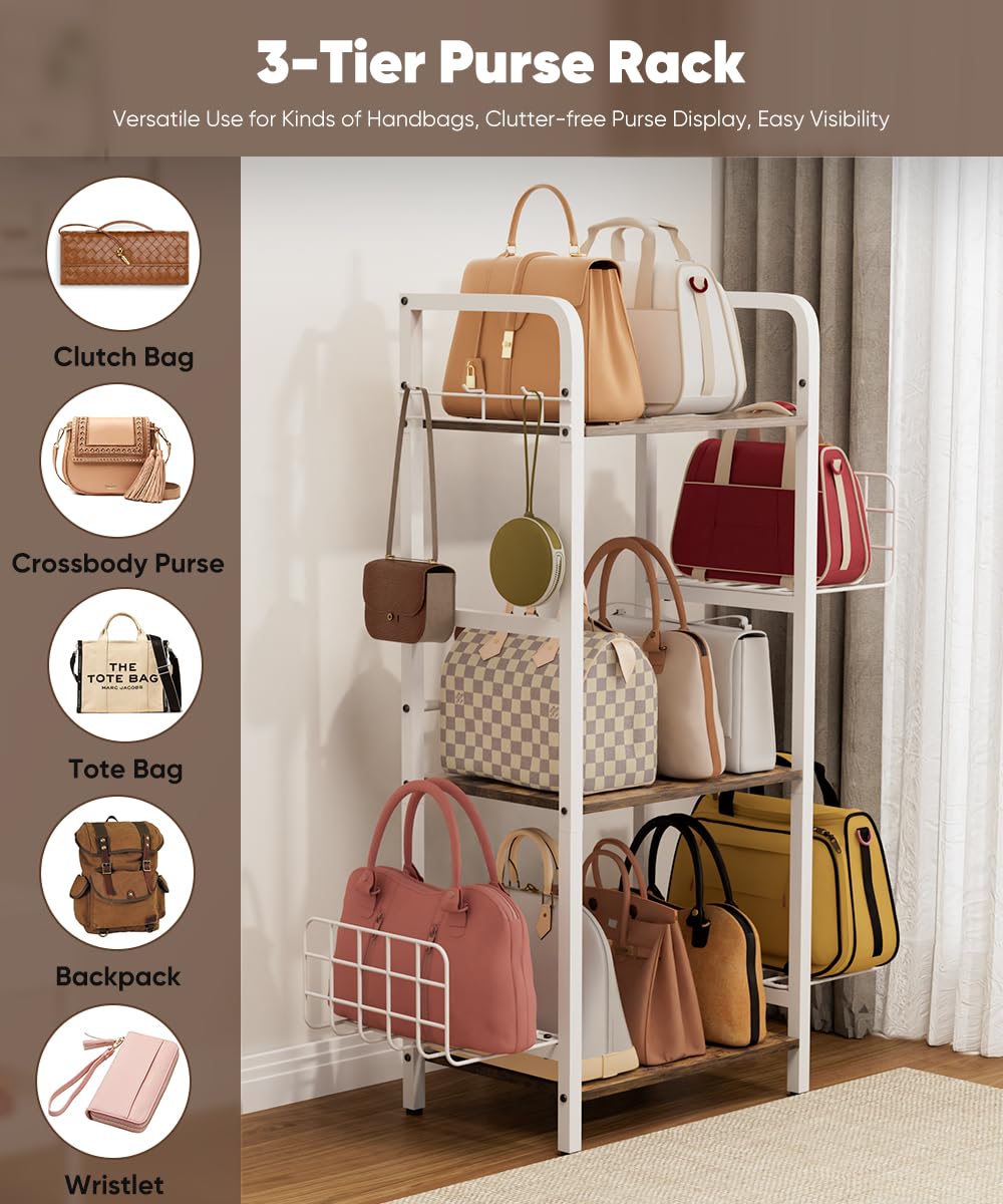 Tuohours 3-Tier Purse Organizer Rack, Iron & Wood Floor-Standing Bag Storage Holder with Adjustable Side Basket and Hook Handbag Organizers Display Stand Shelf for Closet, Bedroom, Entryway, White Tuohours