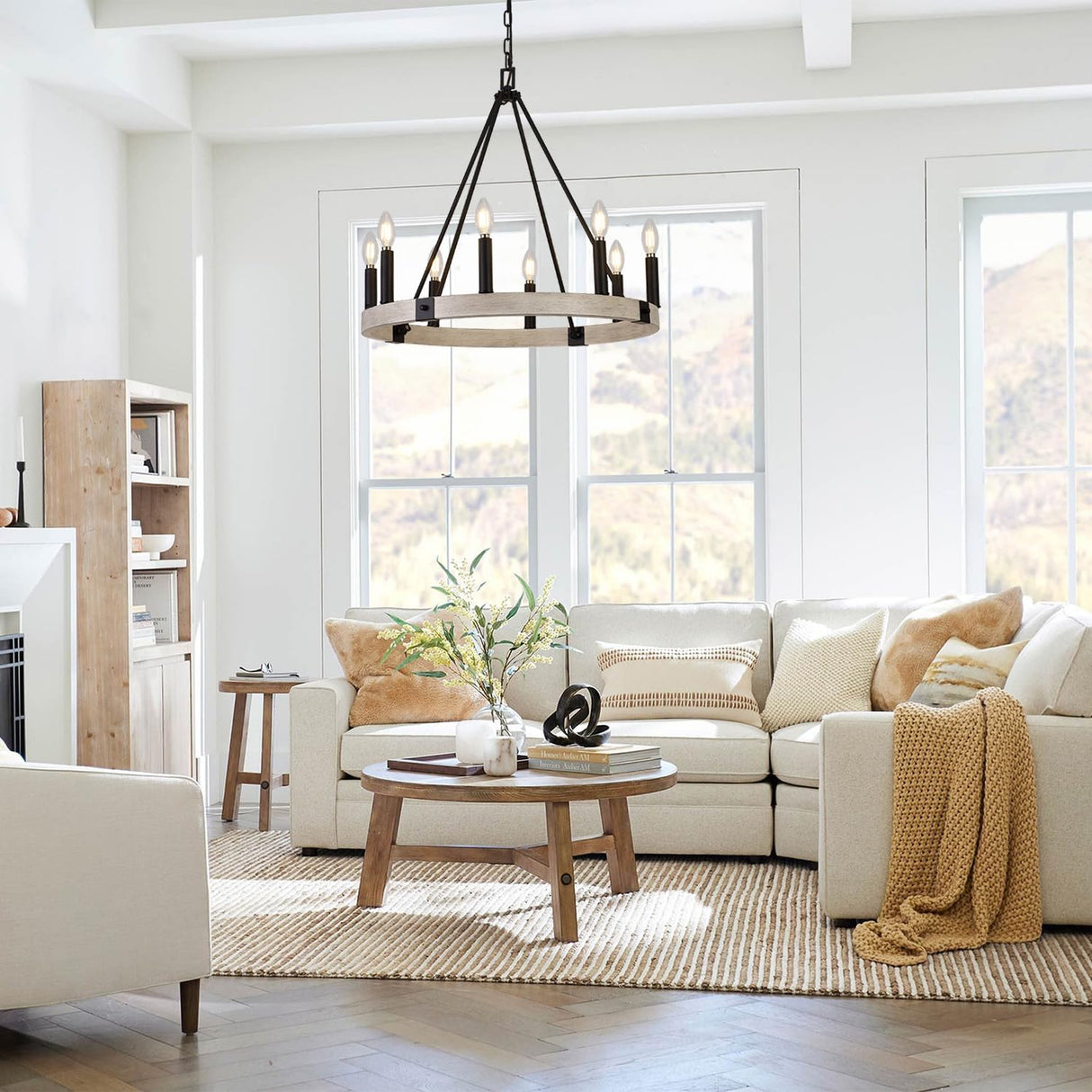 Alolvios D24'' Modern Farmhouse Chandelier, 8 Lights Wagon Wheel Chandeliers for Dining Room Kitchen Living Room Entryway, Rustic Adjustable Height Candle Chandelier Pendant, White Oak Finish Alolvios