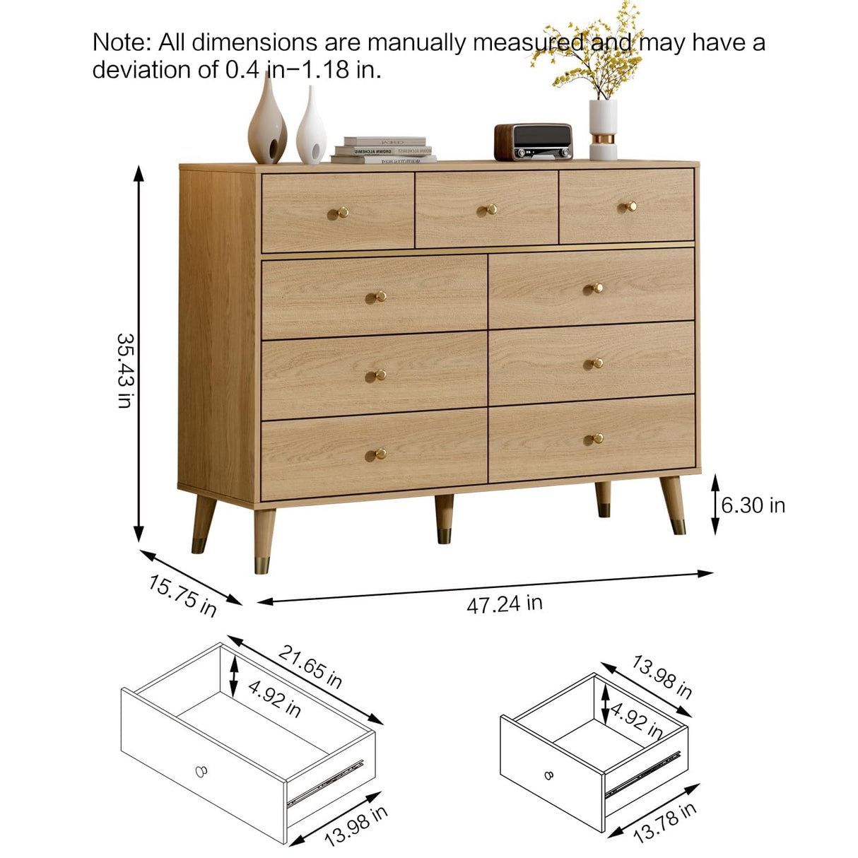 Chrangmay 9 Drawers Dresser for Bedroom,35.4" Tall Wood Rustic Modern Chest of Drawers with Natural Texture,with Anti-Tipping Device, Storage Dressers Organizer for Bedroom, Living Room,Yellow Chrangmay