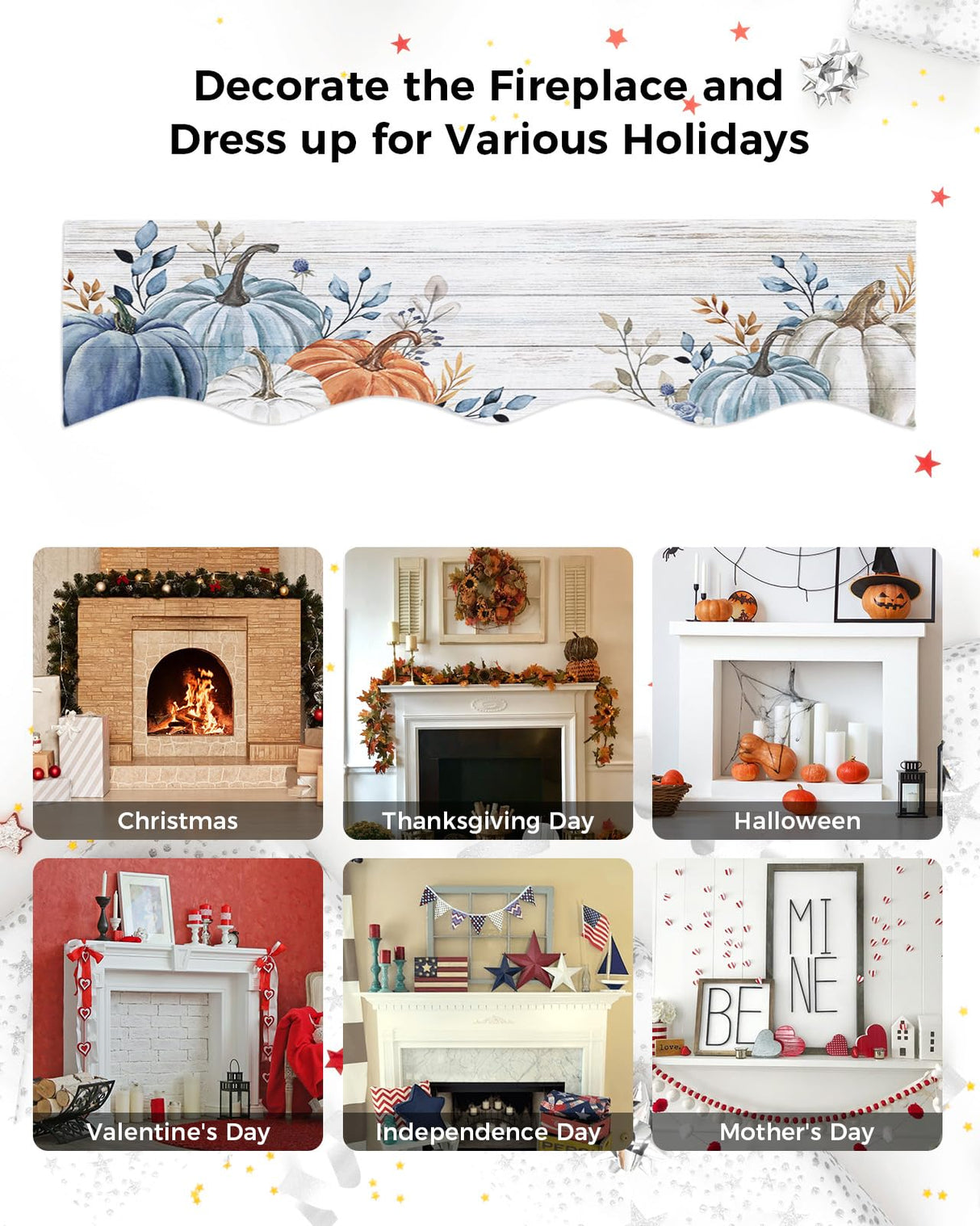 EwdeWwo Fall Mantel Scarf for Fireplace, Blue Leaf Pumpkin Wood Grain Texture Fireplace Cover Decorations Indoor Thanksgiving Mantel Top Scarf Runner for Seasonal Autumn Holiday Party, 17 x 60 Inch EwdeWwo