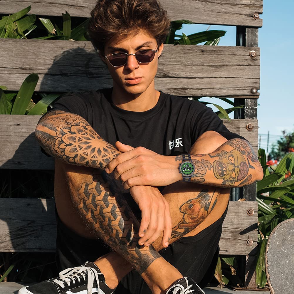 2win Engraved Wooden Watch Stylish Green Dial Design Personalized Wood Watches for Men Husband Boyfriend Fiancé Dad Customized Anniversary Birthday Watch (Custom Box Photo) 2win