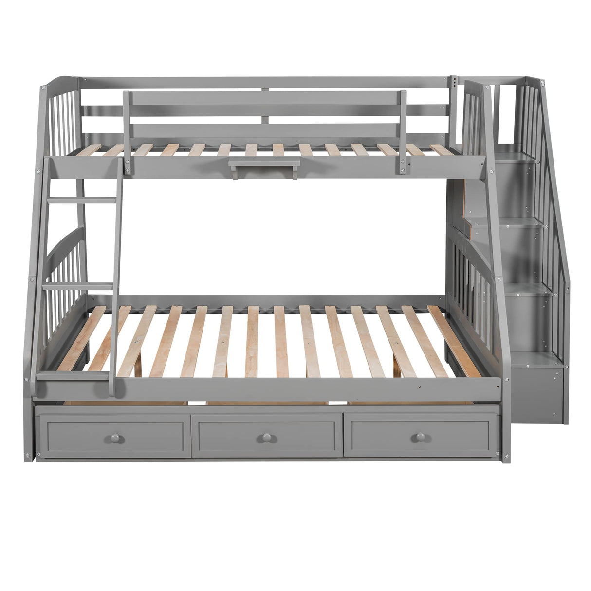 MeraxTwin Over Full Bunk Bed with Drawers,Ladder and Storage Staircase, Gray Wood Bed Frame, No Box Spring Need Merax