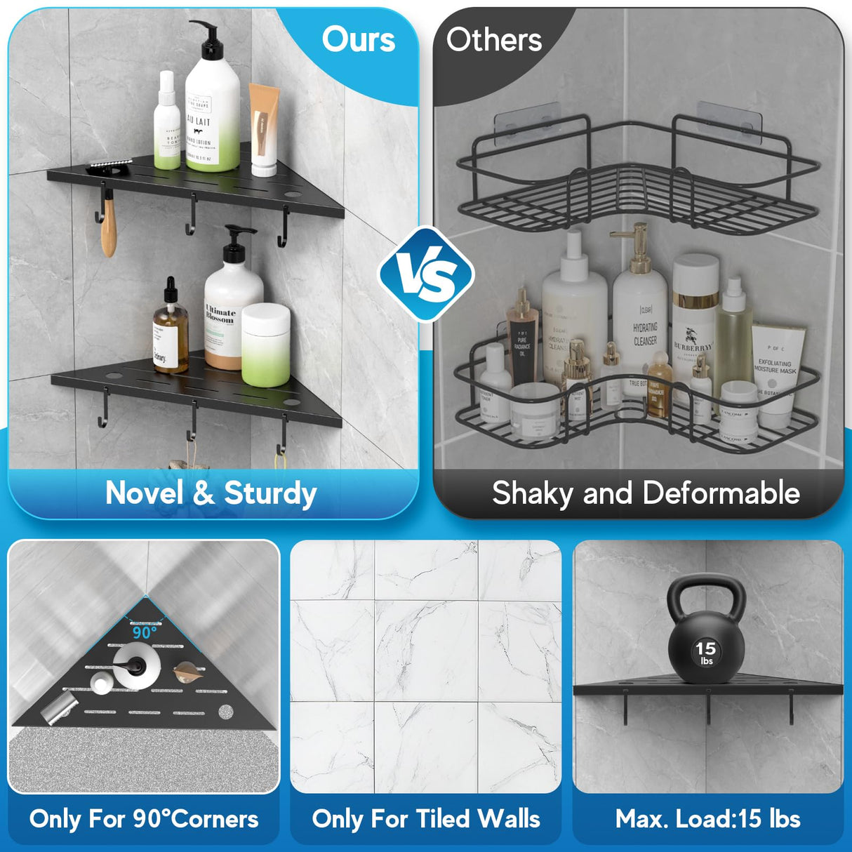 SZWQILIN Corner Shower Shelves, 10" Matte Black 304 Stainless Steel Recessed Shelf for Bathroom,Grout in Shelf with Hooks for Tiled Wall 2 Pack (Black) SZWQILIN