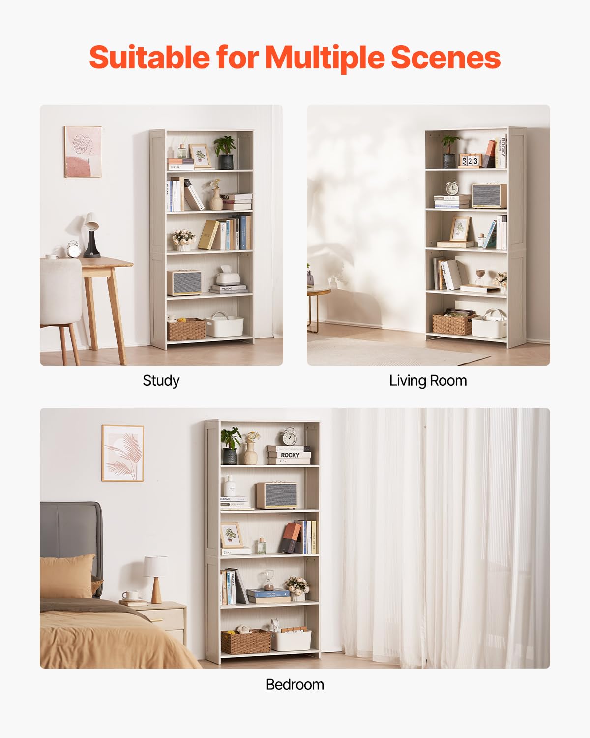 VEVOR 5 Tiers Wide Bookshelf, 68 in Wooden Open Bookcase with Display Storage Organizer Shelf, Freestanding Tall Display Floor Bookcase Bookshelf for Library, Bedroom, Living Room, Office, White VEVOR