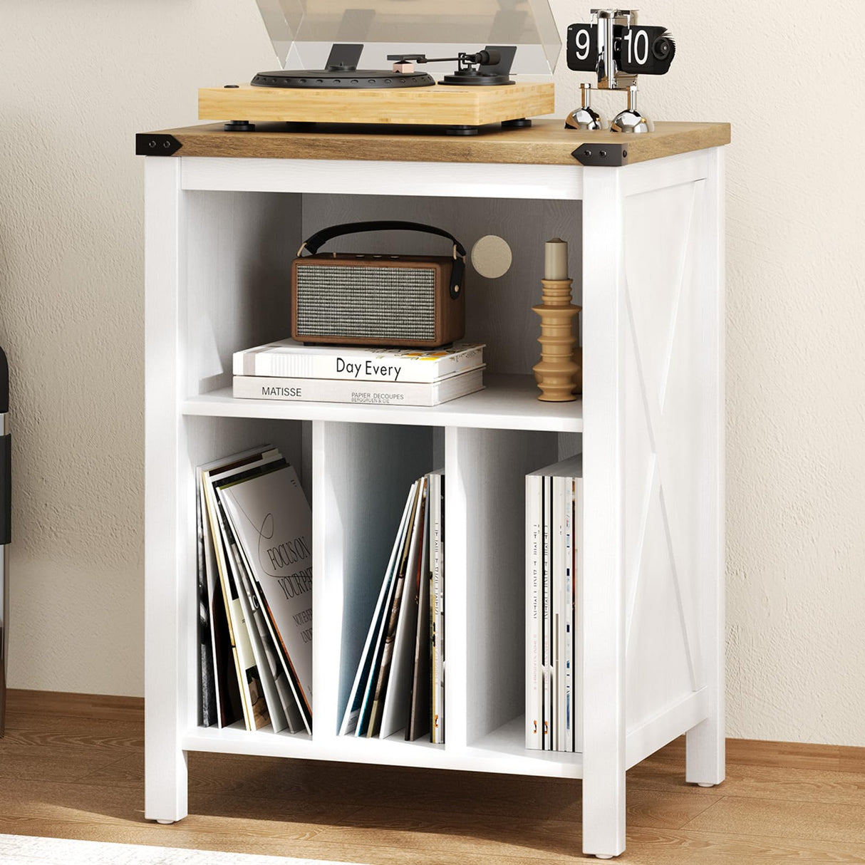 Record Player Stand with Vinyl Storage Cabinet, Record Player Table with 3 Divider Open Shelf Holder Up to 160 Albums Cube Storage, Record Shelf with Outlet Hole for Album CD & Living Room, White 4 EVER WINNER