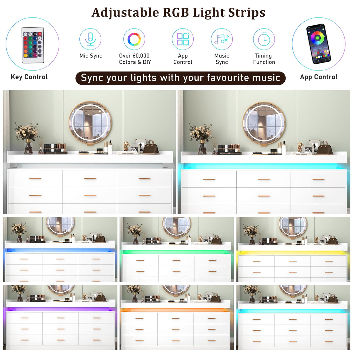 Hlivelood 9 Drawer Dresser with LED Light and Charging Station, Modern Chest of Drawers for Closet, Wide Drawer Organizer Cabinet for Bedroom, Living Room, Entryway, Hallway(9 Drawer White) Hlivelood