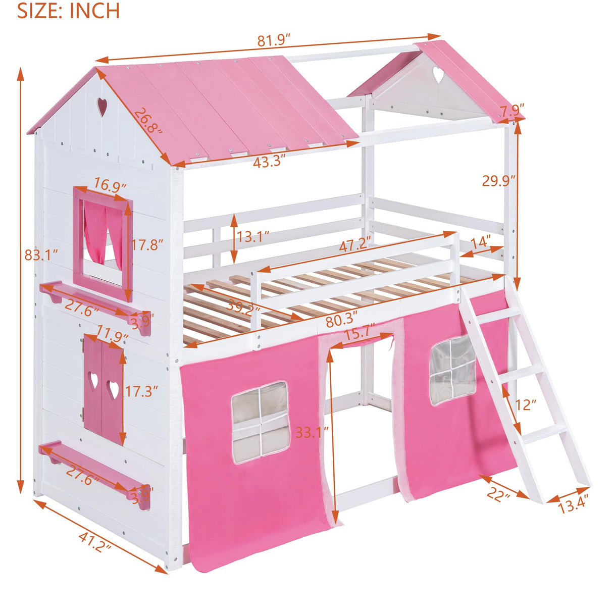 SOFTSEA Twin Over Twin House Bunk Bed for Kids, Floor Bunk Bed with Tent and Windows Sills, Wood Bunk Bed Frame with Slide Ladder and Guardrails, Twin Size House Shaped Bunk Bed for Girls Boys, Pink SOFTSEA