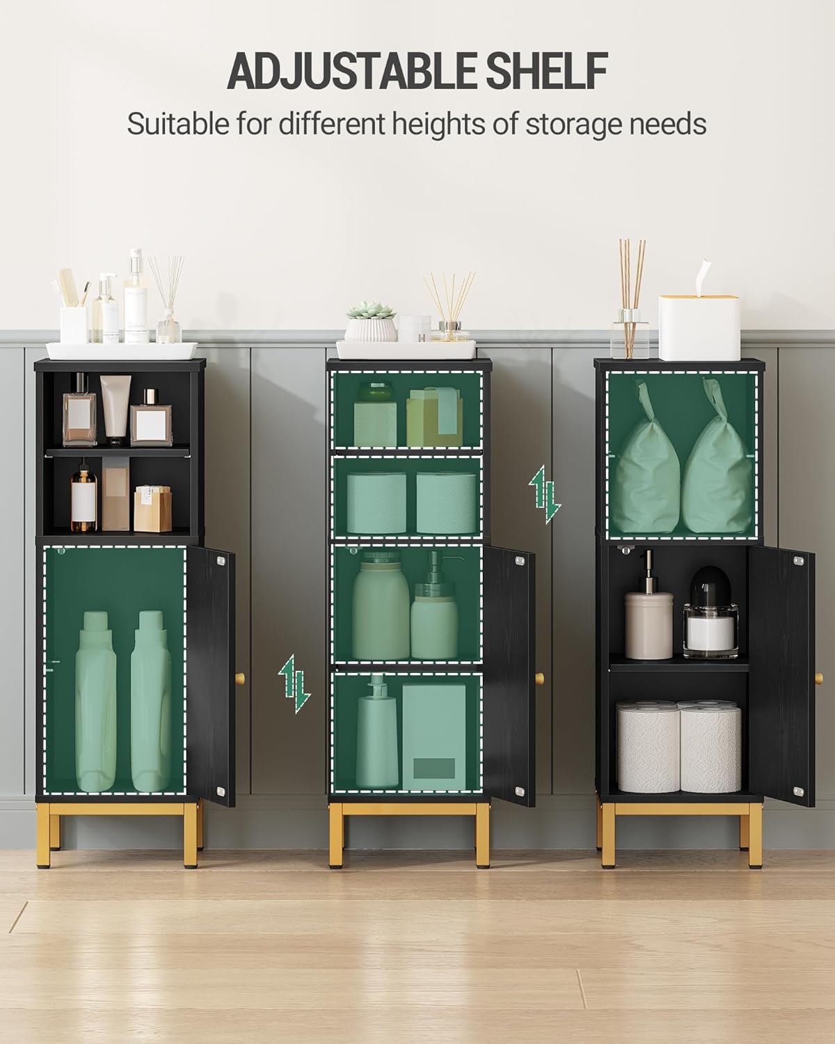 Hzuaneri Bathroom Storage Cabinet, Corner Floor Cabinet with Shelves, Customized Door Opening Direction, Bathroom Organizer with Adjustable Shelf for Kitchen, Living, Toilet Paper Cabinet, Black Hzuaneri