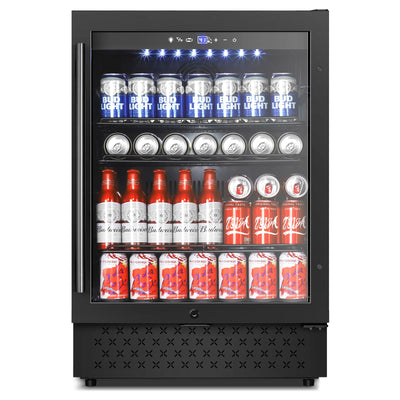 Tylza Beverage Refrigerator 24 Inch, Under Counter/Freestanding Drink Fridge, 190 Cans Beverage Cooler with Glass Door, Reversible Door, Low Noise, Quick Cooling - for Beer, Soda, ETC, Black