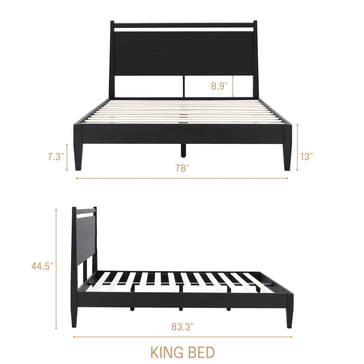 NTC Adept King Wooden Bed Frame with Headboard - Solid Oak, Silent Slats, Effortless Assembly, Burnt Black NTC