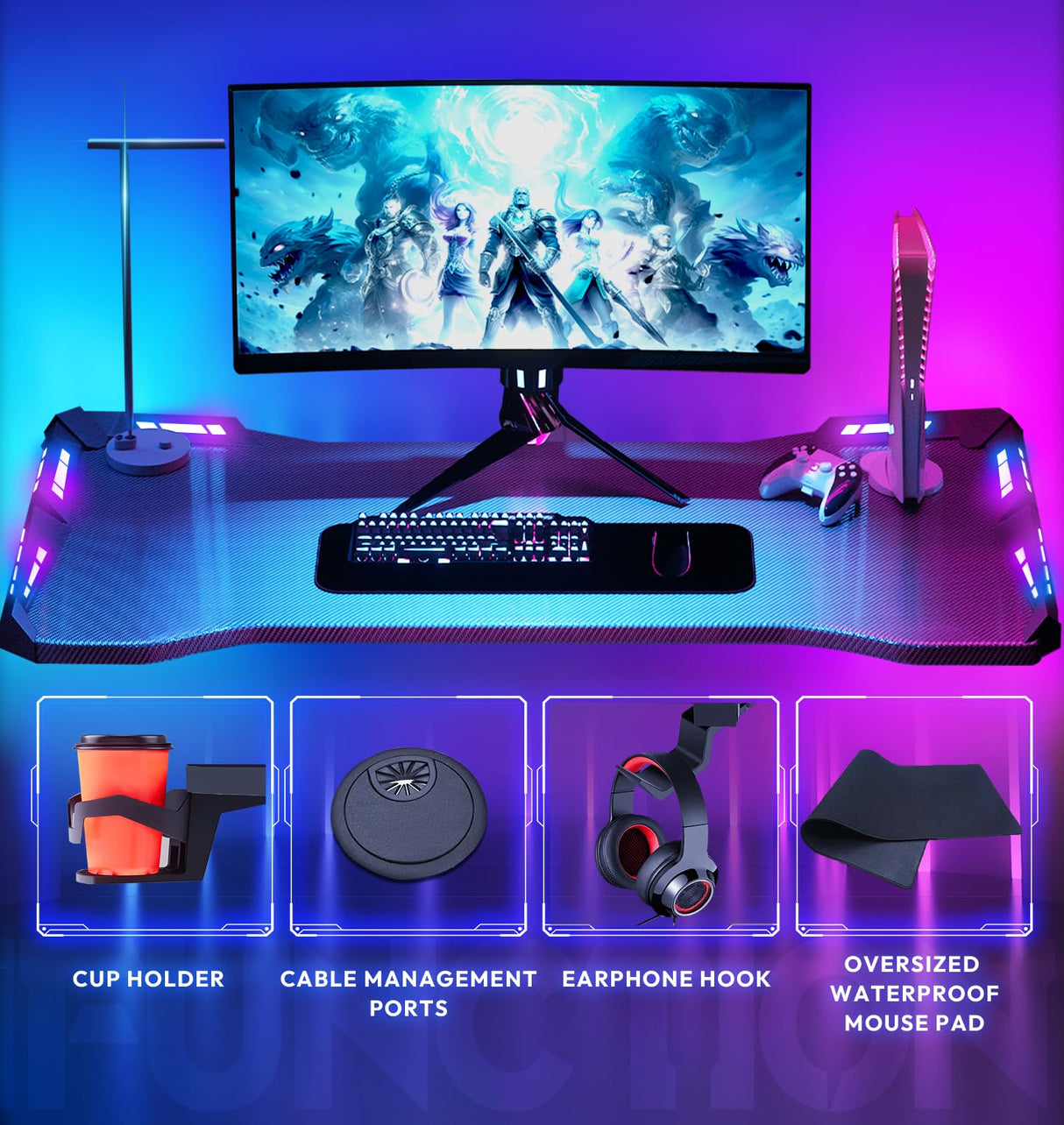 Dowinx Gaming Desk with LED Lights, RGB Gaming Computer Table with Carbon Fibre Surface, LED Home Office Desk with Remote Control, Pc Workstation, 47 Inch, Black Dowinx