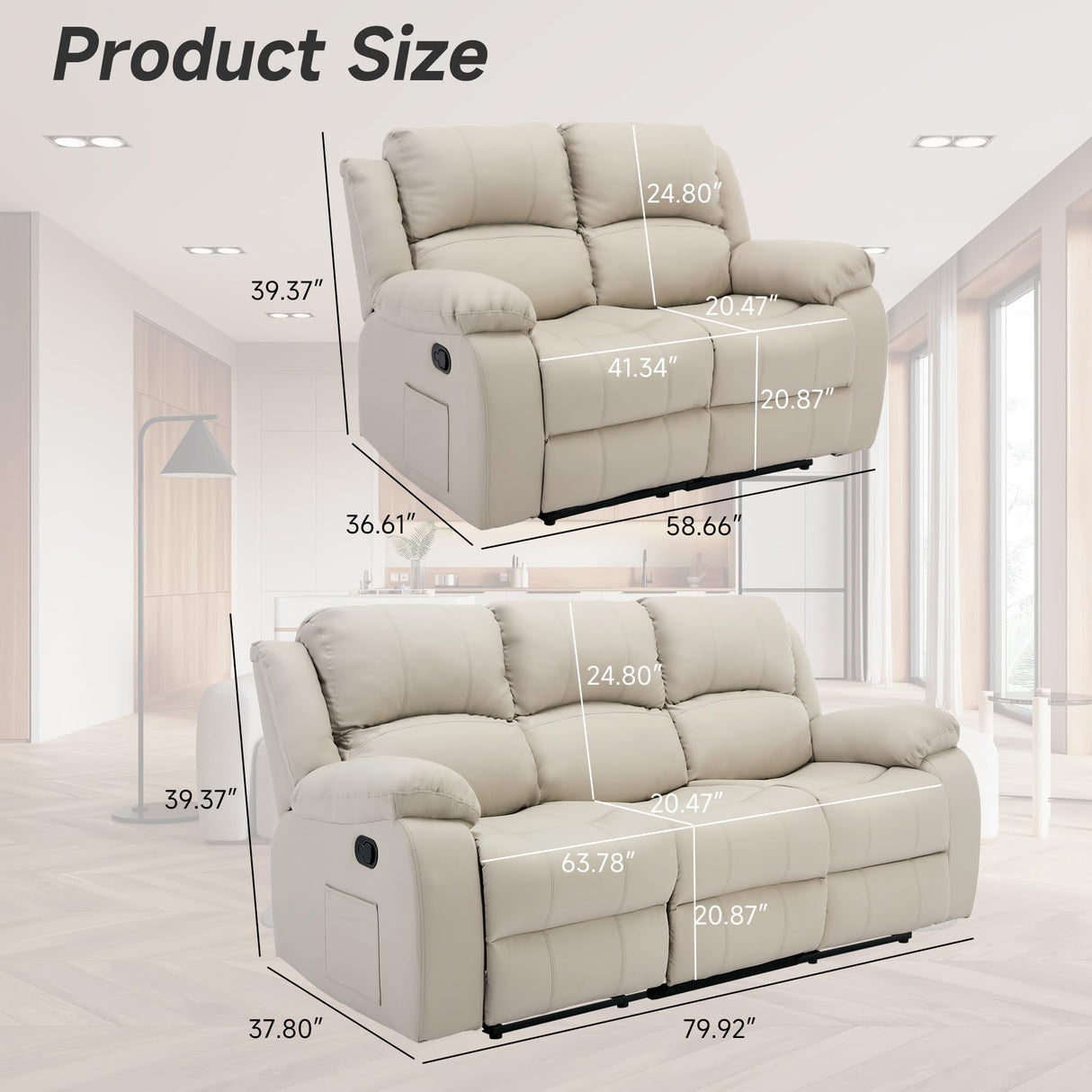 GNMLP2020 Reclining Couch Sleeper Sofa Set Chaise Lounge Chair Leather Recliner Couch Loveseat for Living Room, Theater Seating(3 Seat Sofa+Loveseat,Beige) GNMLP2020