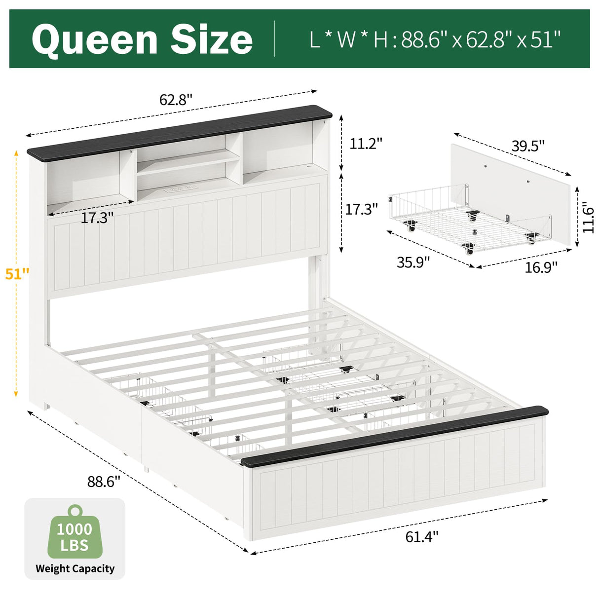 Yoobure Queen Bed Frame with Headboard - Farmhouse Wood Bed Frames Queen Size with 4 Storage Drawers, Platform Beds with Charging Station & LED Light, No Noise Double Bedframe, No Box Spring Needed Yoobure