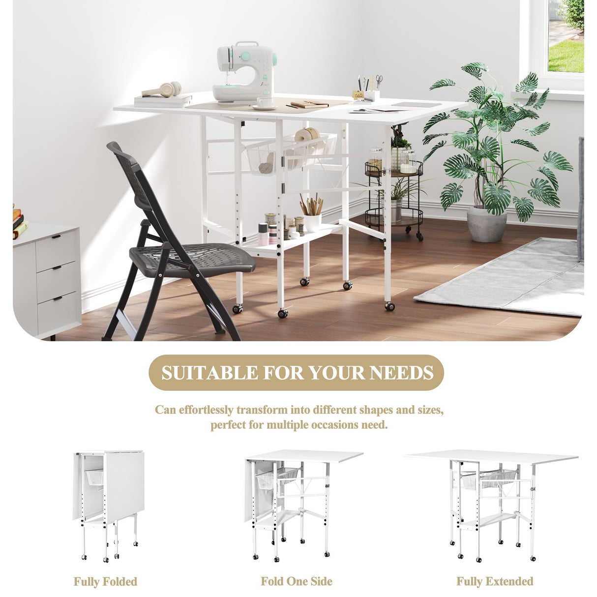 CRAFTEASE Home Hobby Cutting Table 59" W x 36" D, Height Adjustable Craft Table with 2 Drawers and Storage Shelf, Folding Sewing Table Mobile Standing Table for Home Office Studio CRAFTEASE