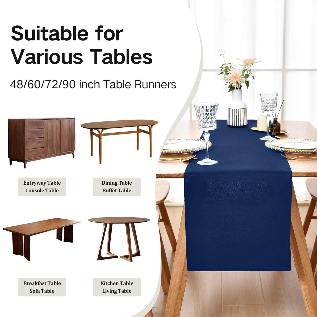 Farmhouse Navy Blue Table Runner Dining Table Runners 48 Inches Long Coffee Table Runner for Dresser Living Room Bedroom Holiday Party Banquet 12X48 Inch Wolkemer