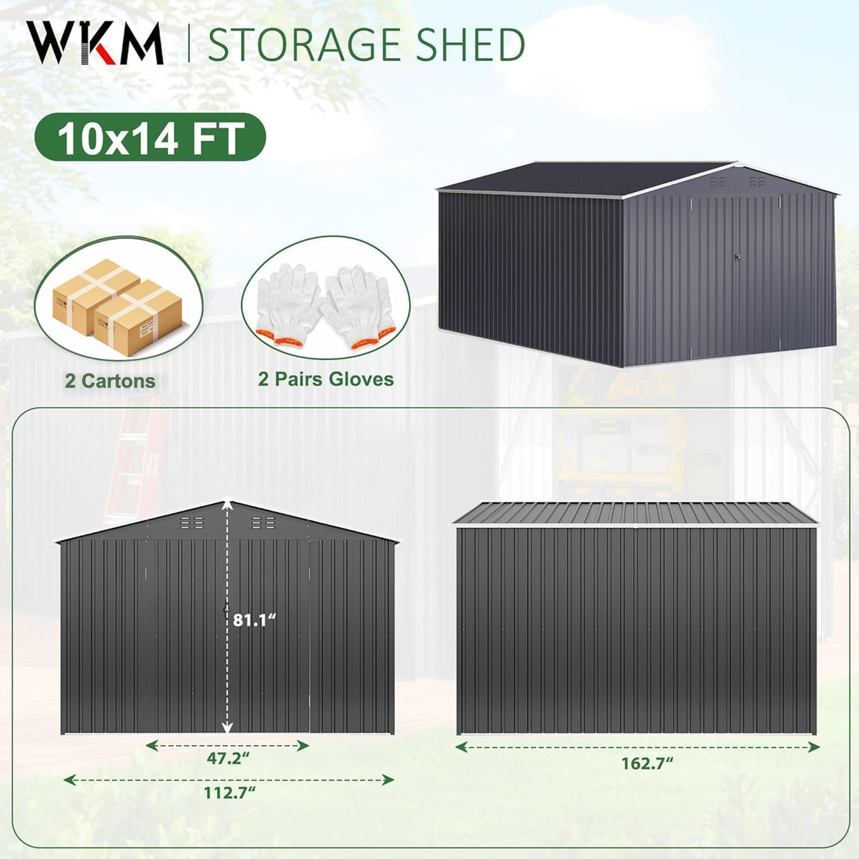WKM 10x14 FT Outdoor Storage Shed, Utility Metal Tool Storage with Lockable Doors and Updated Frame Structure, Metal Garden Shed for Backyard, Patio Lawn, Black WKM