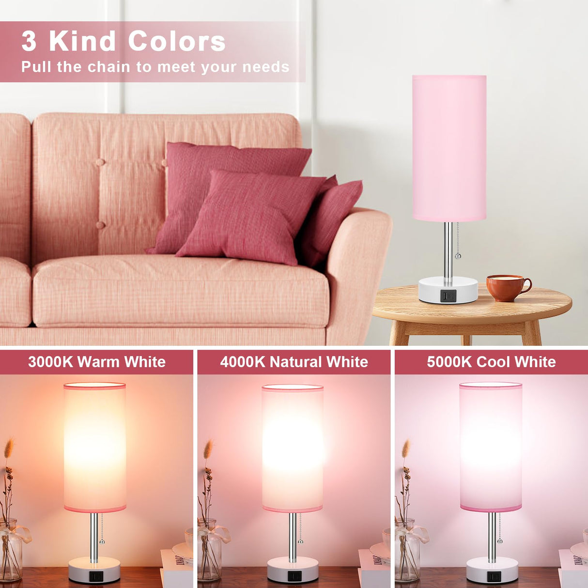 Hong-in Pink Lamp for Bedroom,Nightstand Lamp with 3 Color Modes-Small Bedside Lamp with USB-C+A Charging Ports, Pull Chain Bedroom Table Lamp for Bedroom, Office, Kids Room(Bulb Included) Hong-in