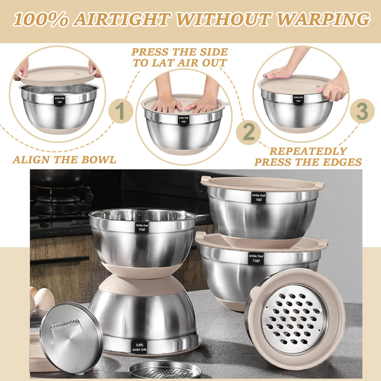 Mixing Bowls with Airtight Lids Set, 26PCS Stainless Steel Khaki Bowls with Grater Attachments, Non-Slip Bottoms & Kitchen Gadgets Set, Size 7, 4, 2.5, 2.0,1.5, 1QT, Great for Mixing & Serving Umite Chef