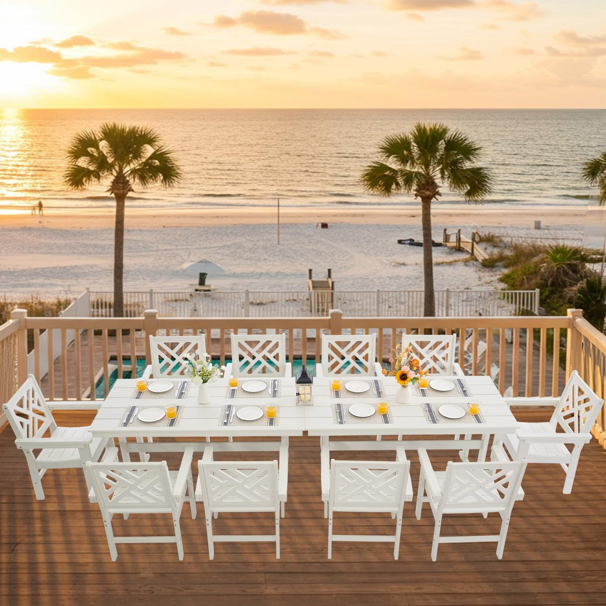 AZXZCS HDPE Dining Table Set for 10,12-Piece Outdoor Table and Chairs Include 10 Dining Chairs and 2 Pcs 62.5" Patio Dining Table with Umbrella Hole (White) AZXZCS