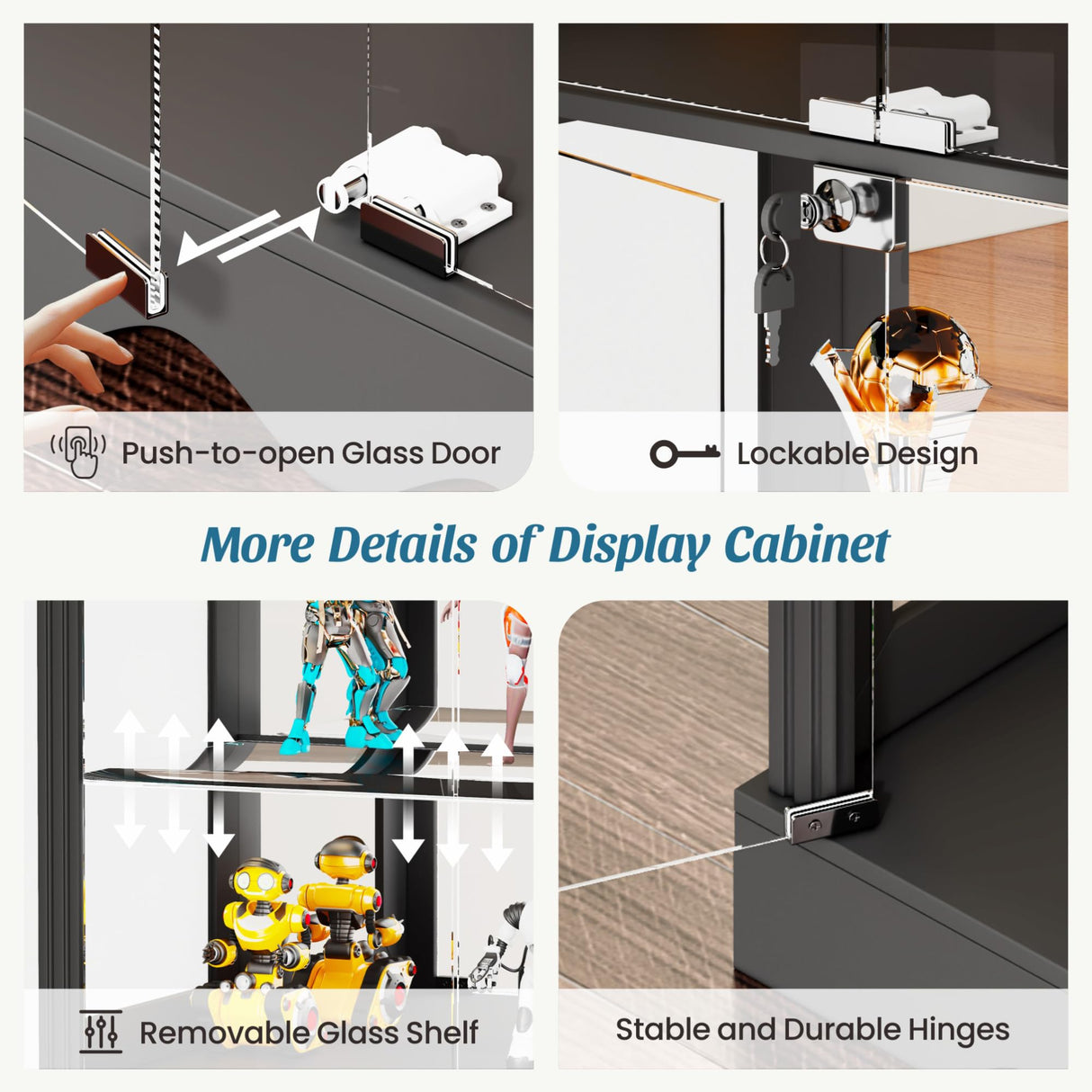 Dystler Display Cabinet with Glass Doors, 71'' Tall Curio Cabinet with RGB Lights for Collectibles, LED Display Case with Removable Shelf for Book/Medal/Figure, Black Dystler