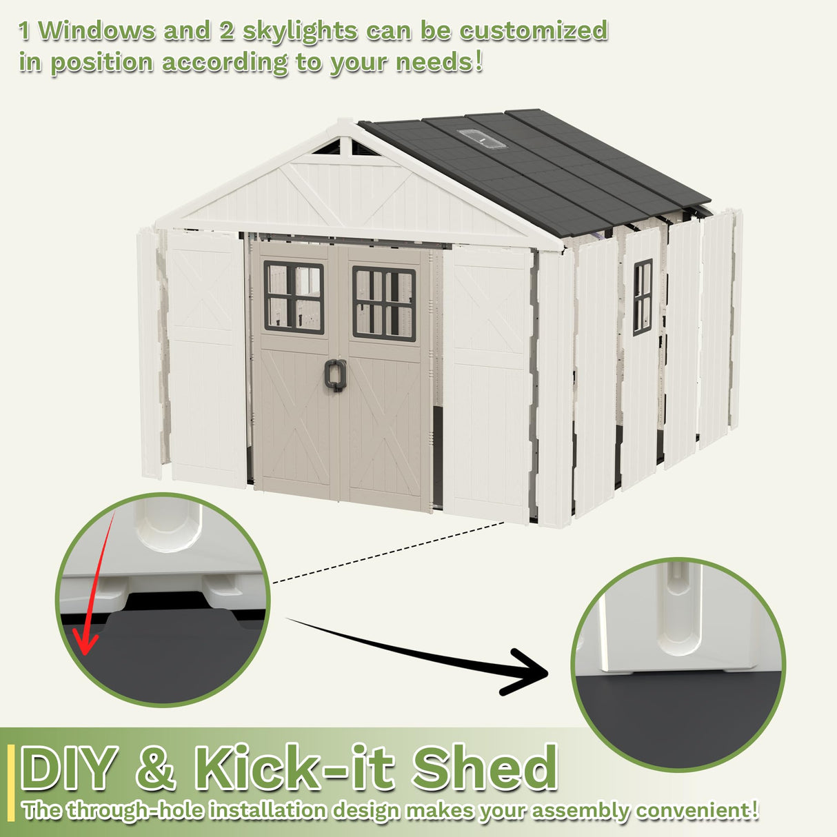 Greesum 10×8 FT Plastic Outdoor Storage Shed with Floor and Lockable Door, Resin Sheds with Windows and Skylights, Weather Resistant Organization for Garden, Lawn, Pool Supplies, Beige Greesum